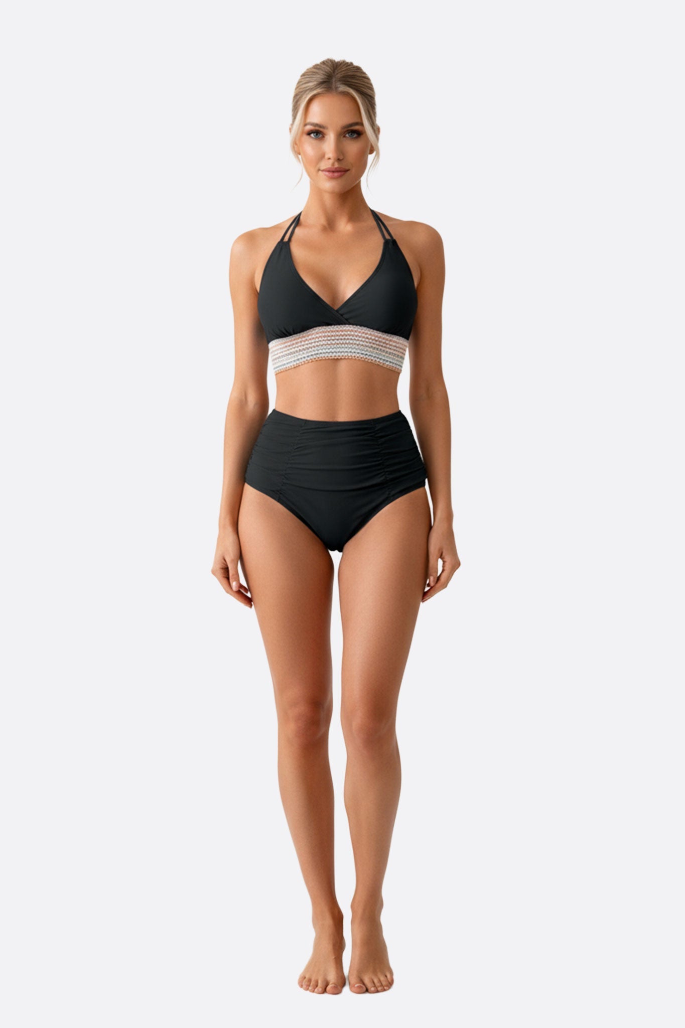 Traje de baño negro con banda multicolor