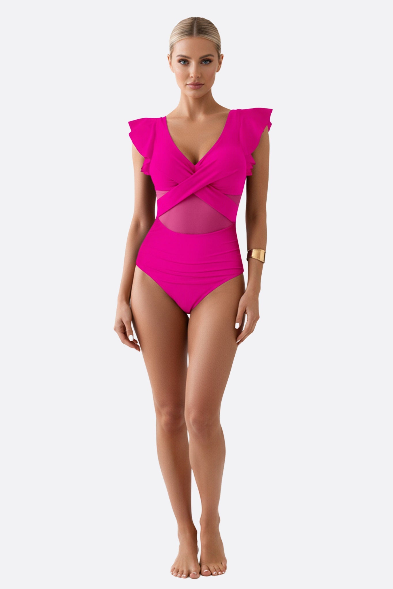 Traje de baño de una pieza fucsia con detalle anudado