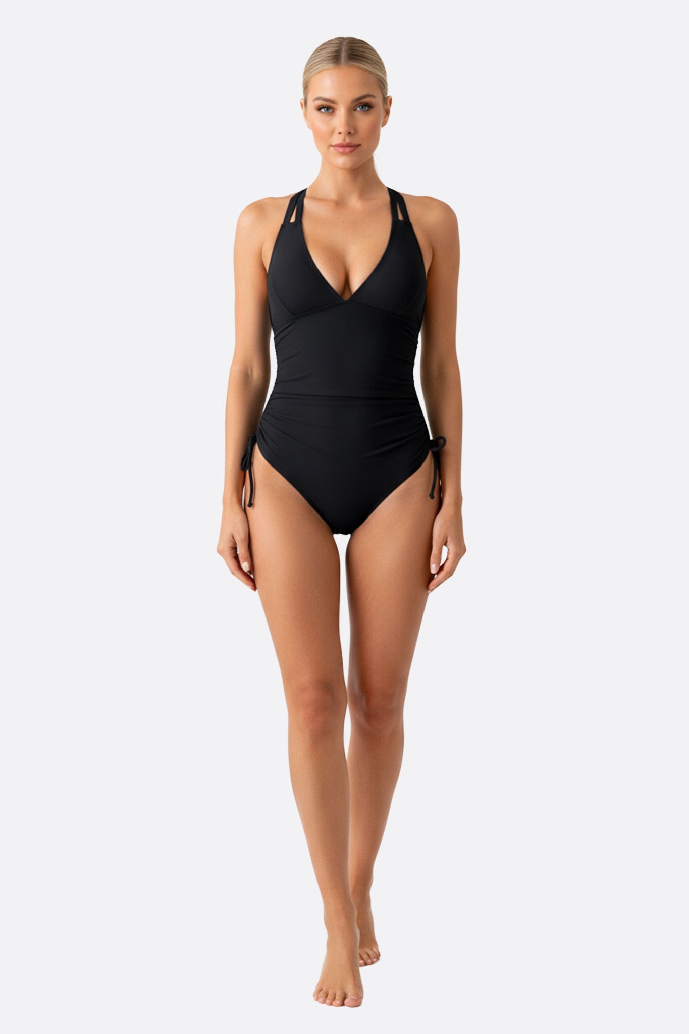 Traje de baño de una pieza negro con lazos ajustables