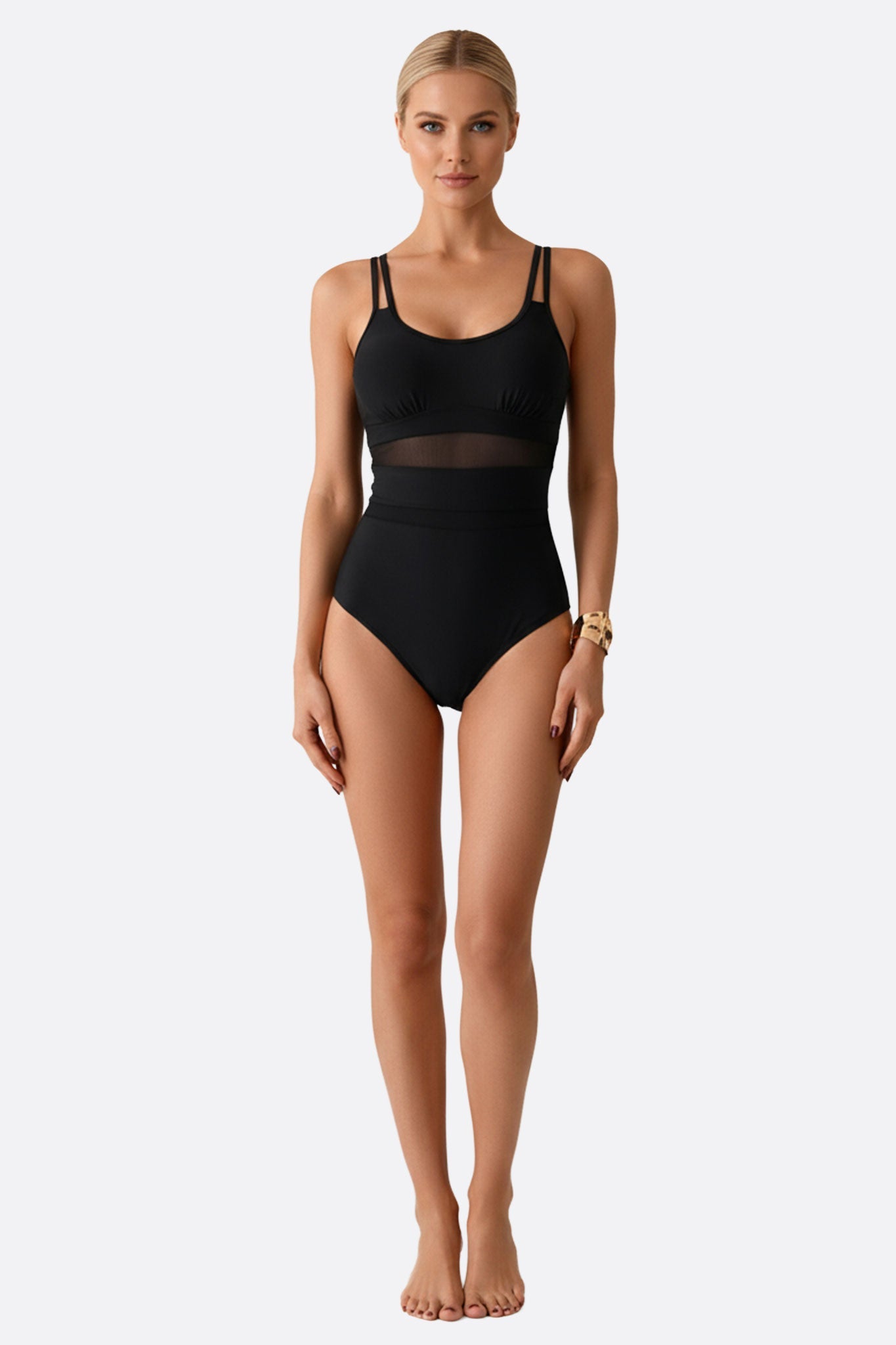 Traje de baño de una pieza negro con detalles de malla