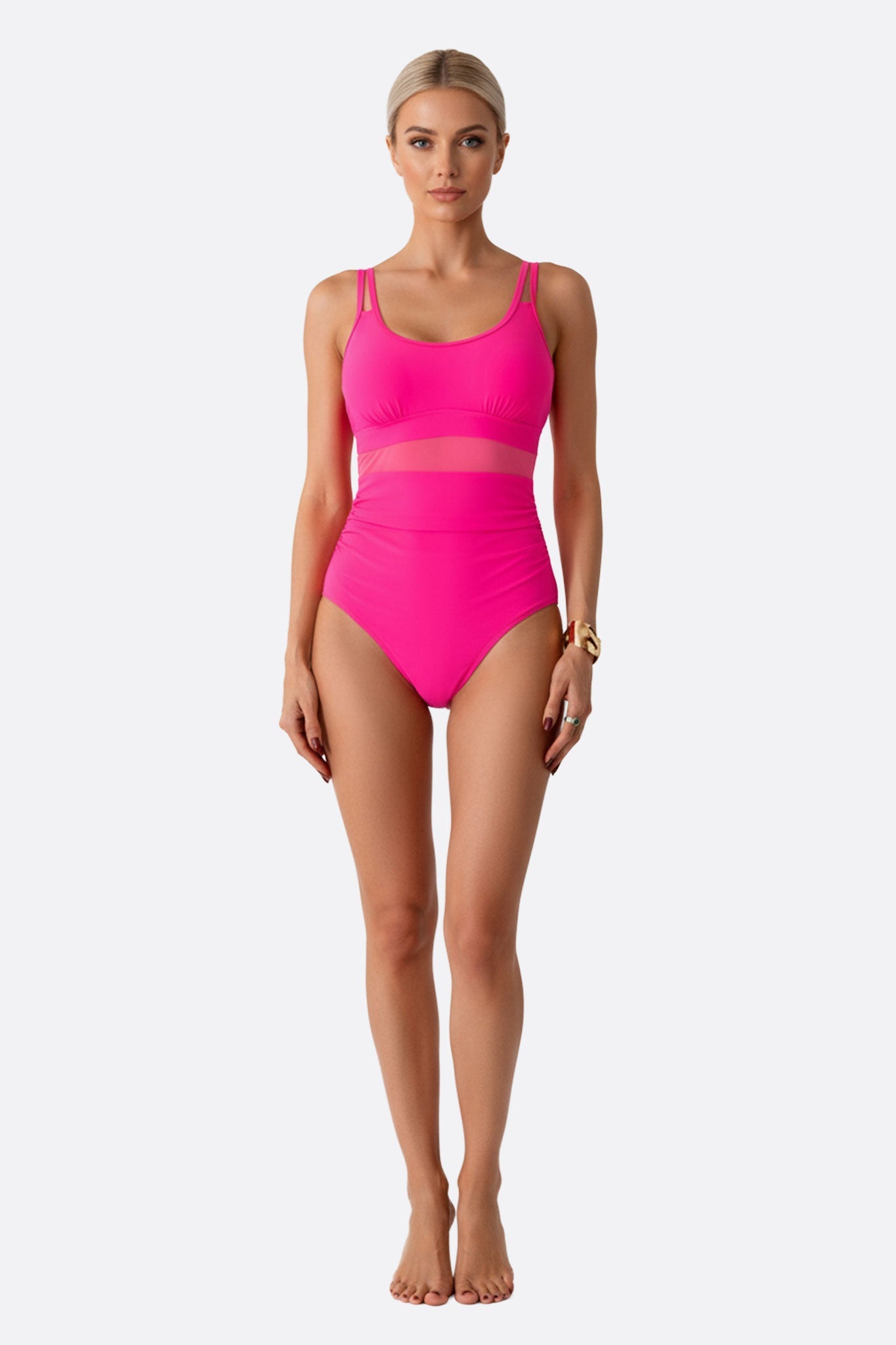 Traje de baño de una pieza rosa fucsia con detalles de malla