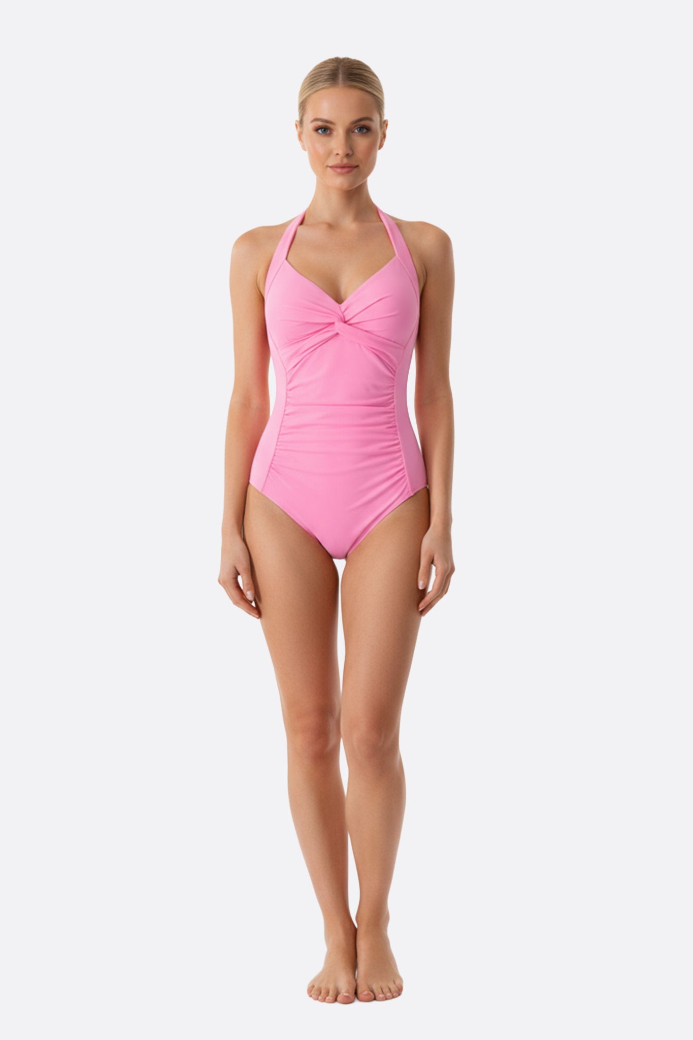 Traje de baño de una pieza rosa anudado al frente