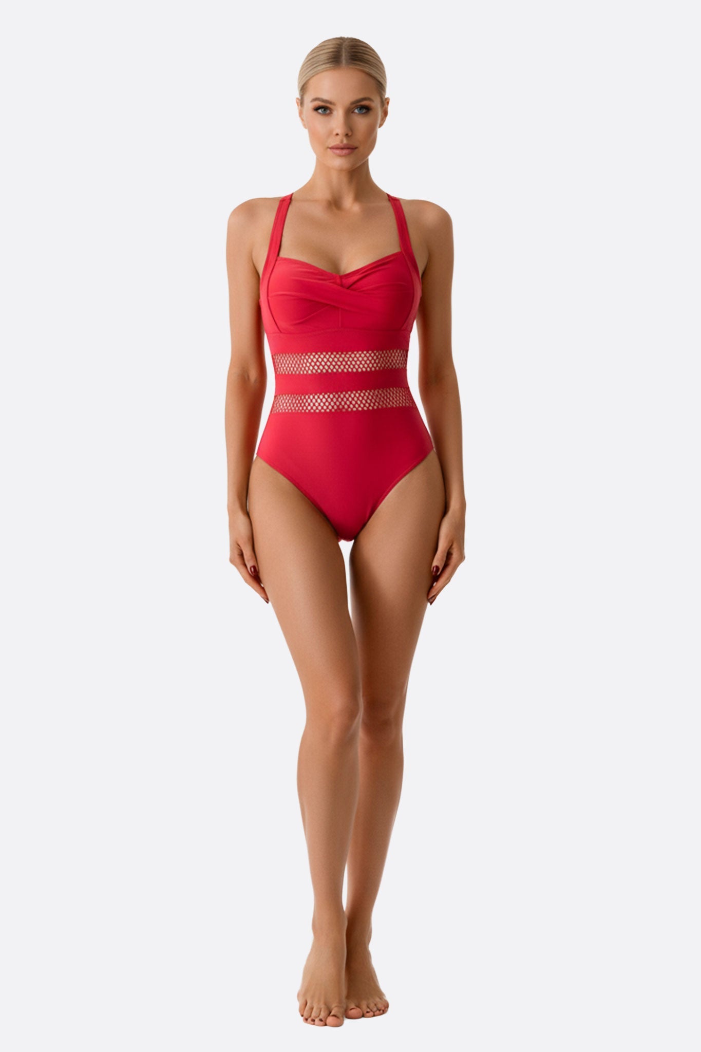 Traje de baño de una pieza rojo con detalles de malla