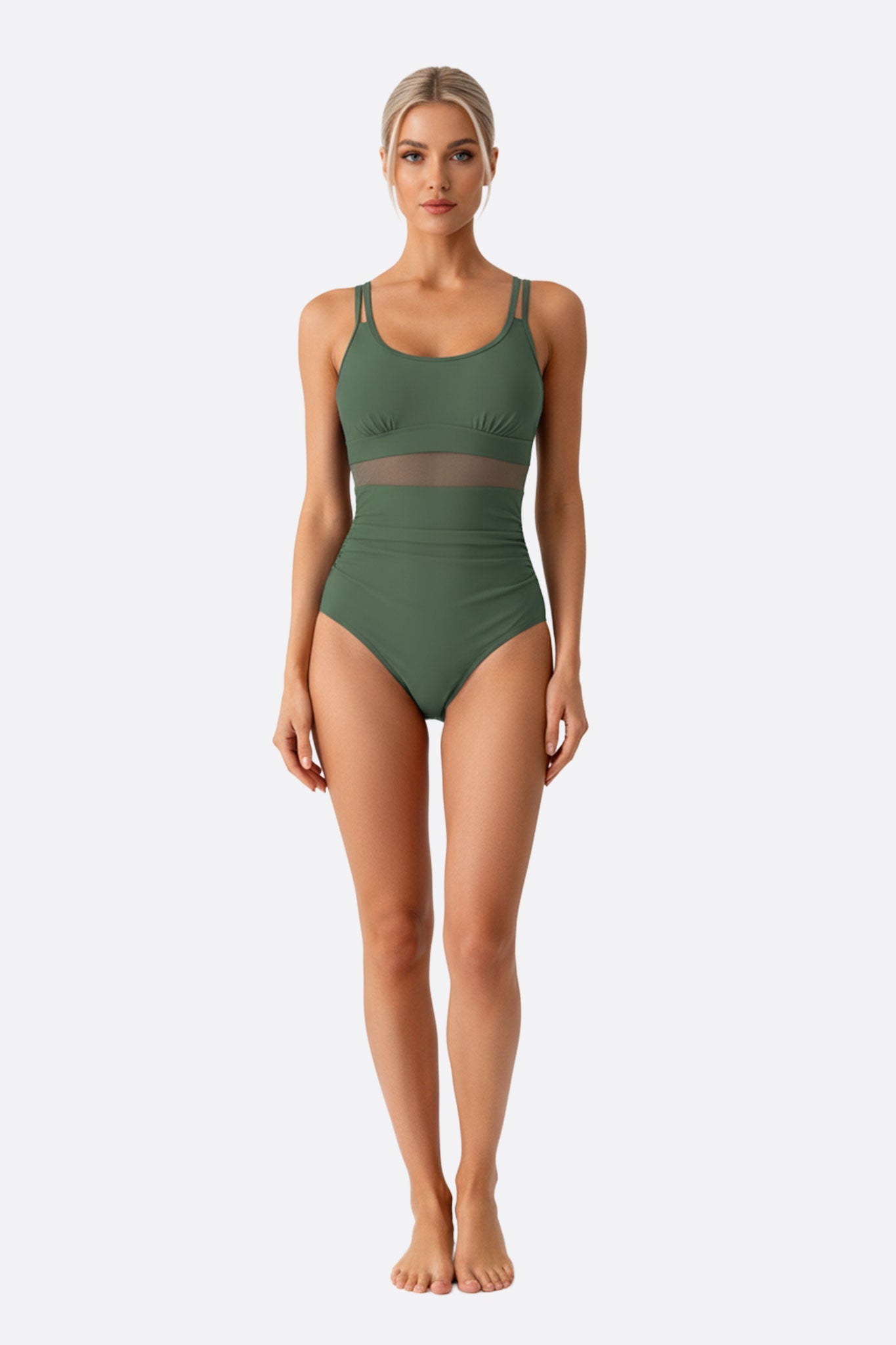 Traje de baño de una pieza verde caqui con detalles de malla