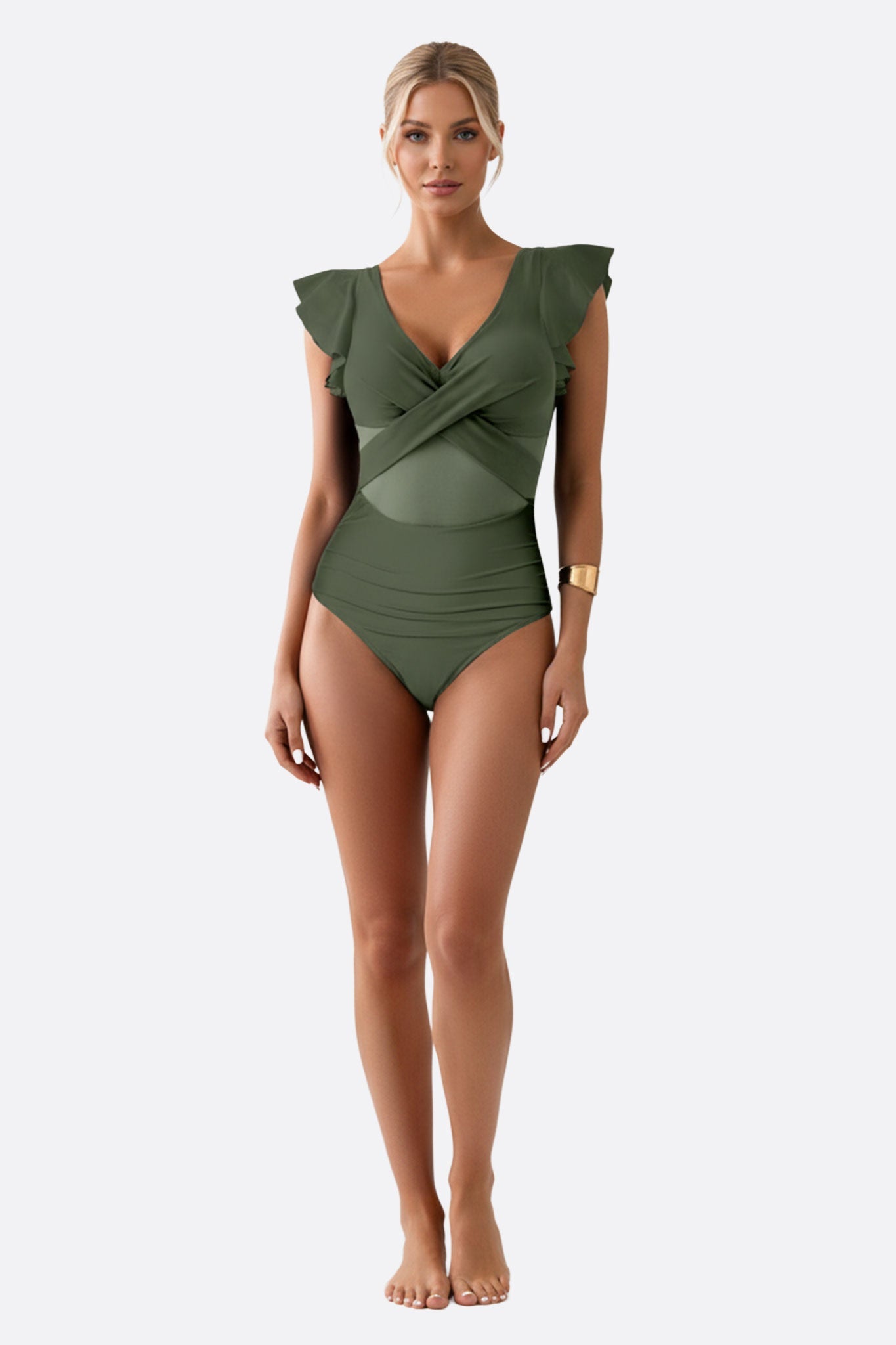 Traje de baño de una pieza verde oliva con volantes