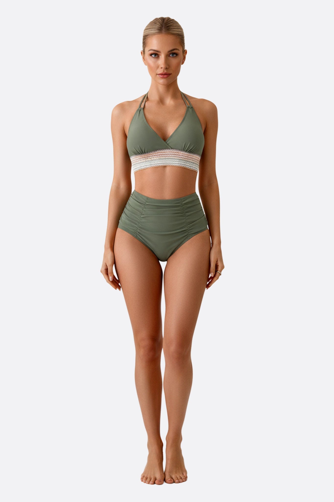 Traje de baño verde con banda multicolor