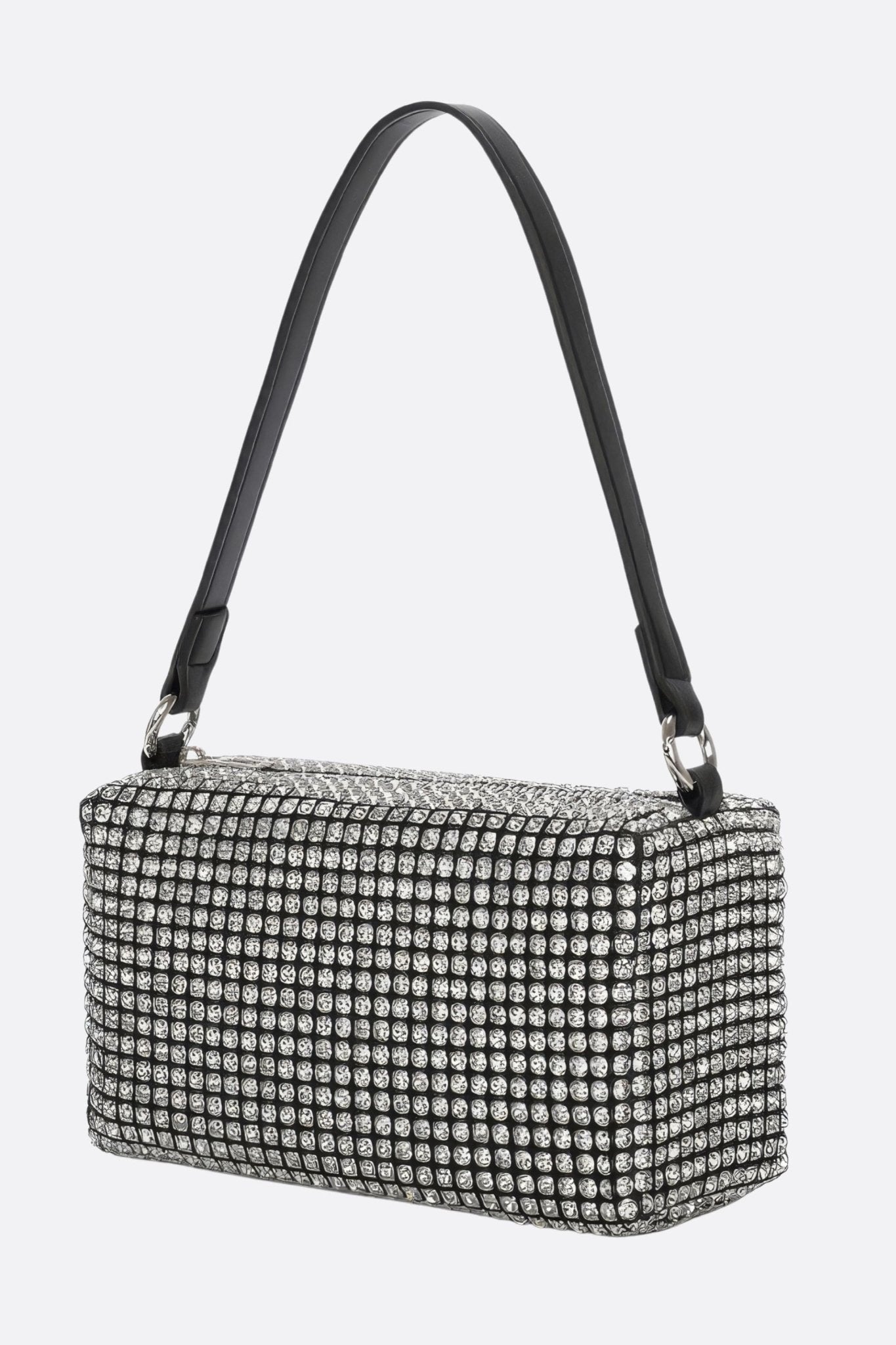 Mini bolso rectangular con strass plateados con asa de mano y correa de hombro