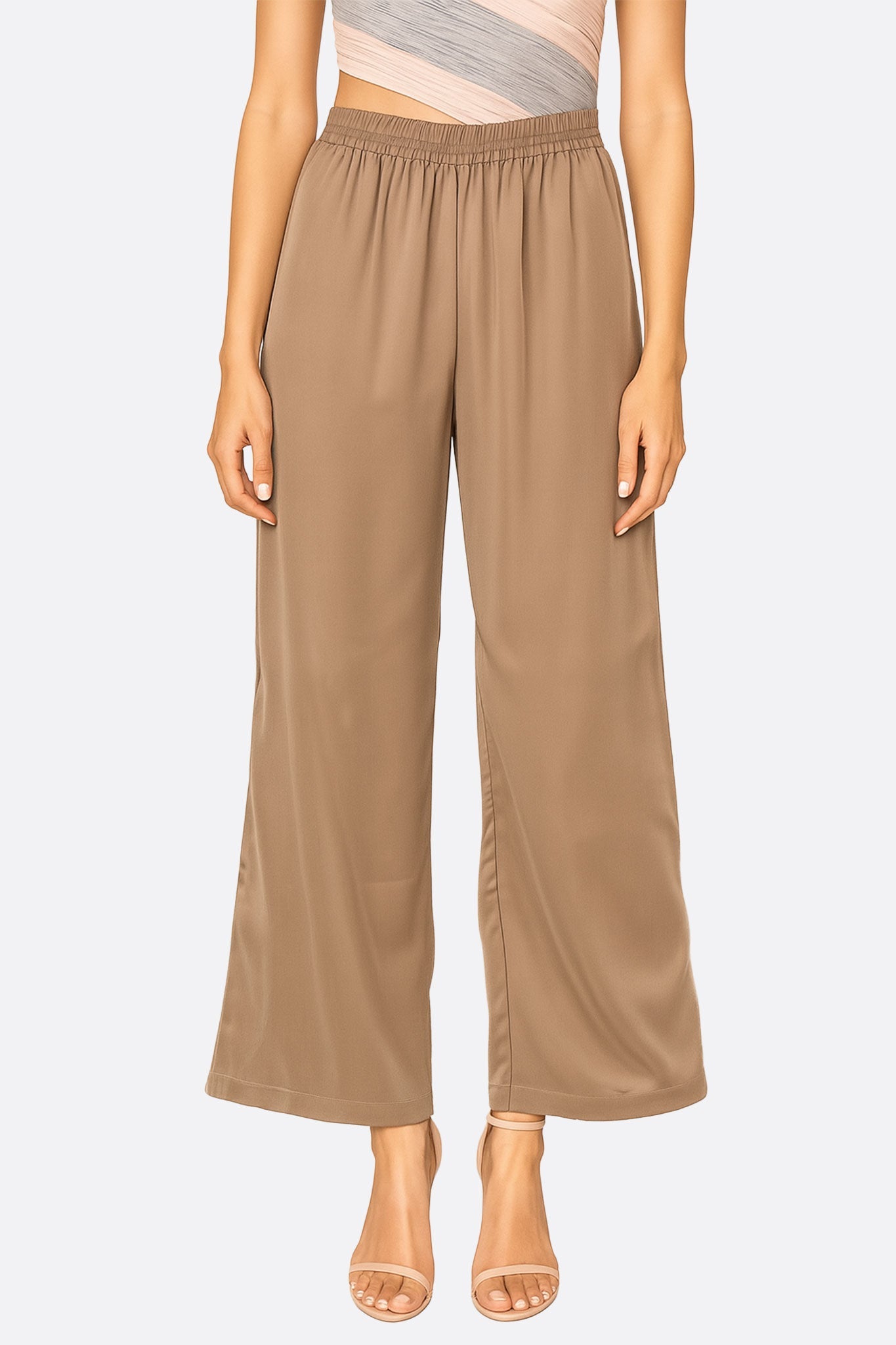 Pantalón gris topo de corte recto fluido y tejido satinado ligero