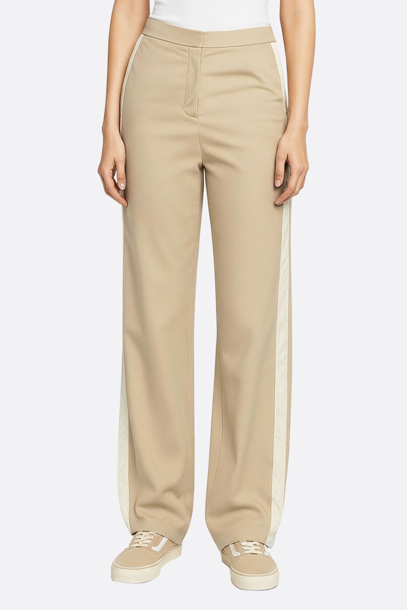 Pantalón ancho relajado beige con bandas contrastantes blancas