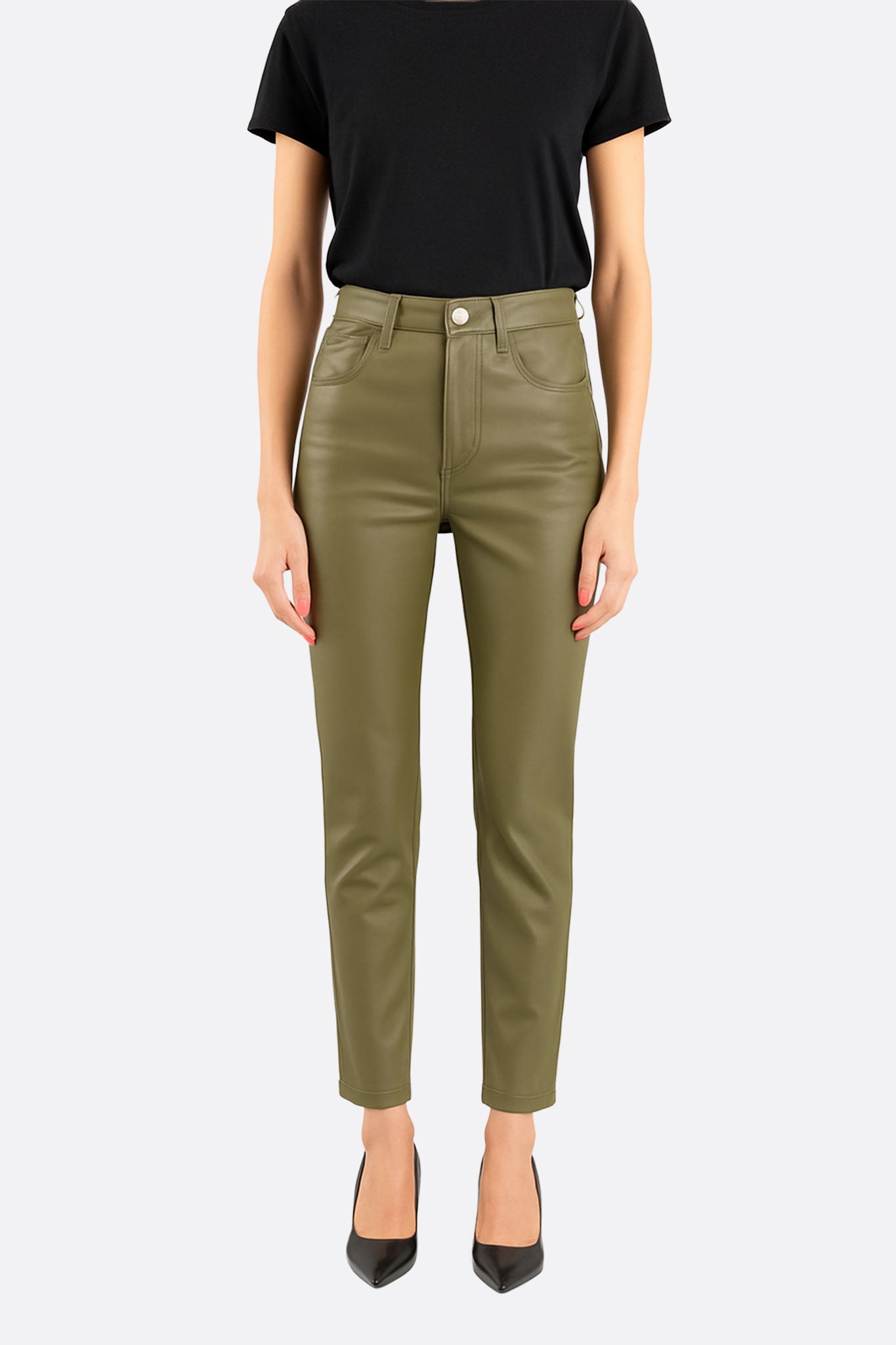 Pantalón de talle alto en similcuero verde caqui