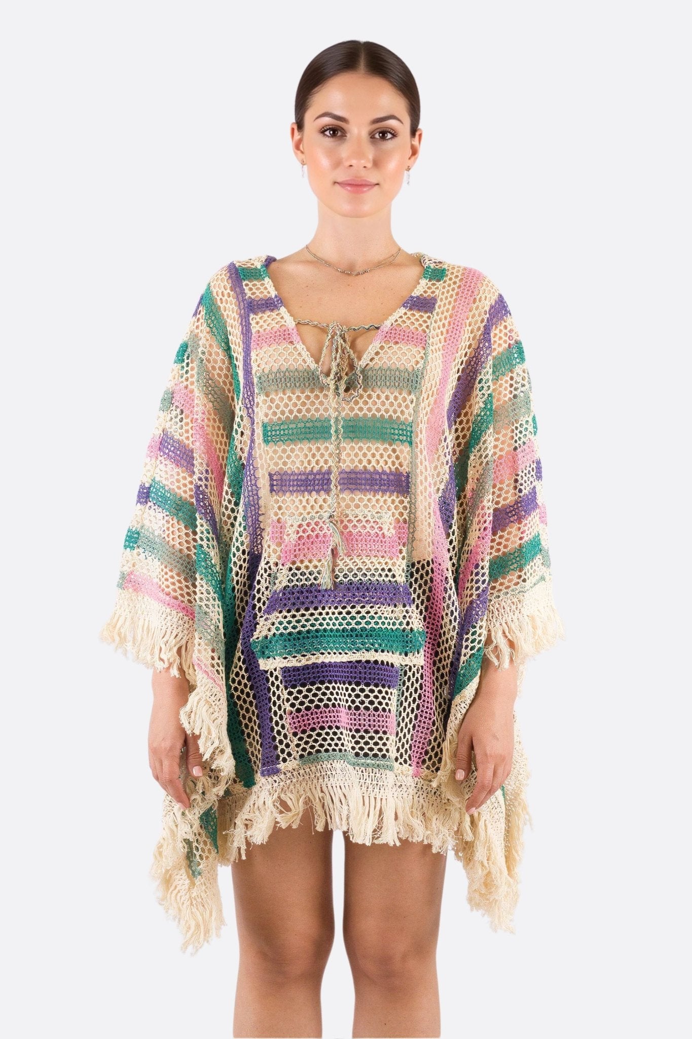 Poncho de playa de ganchillo multicolor con capucha