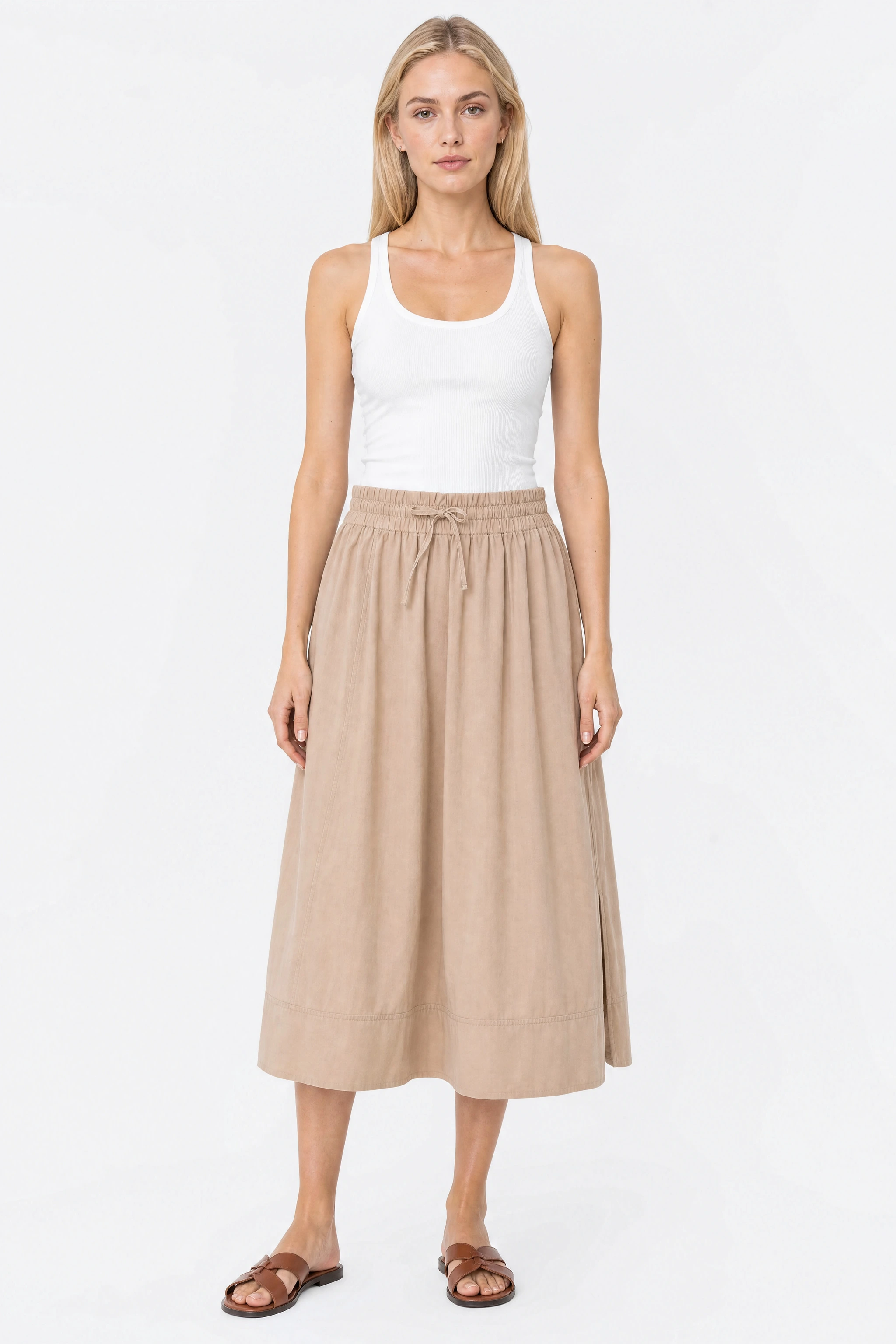 Falda midi de algodón beige rosado con cintura elástica y cordón