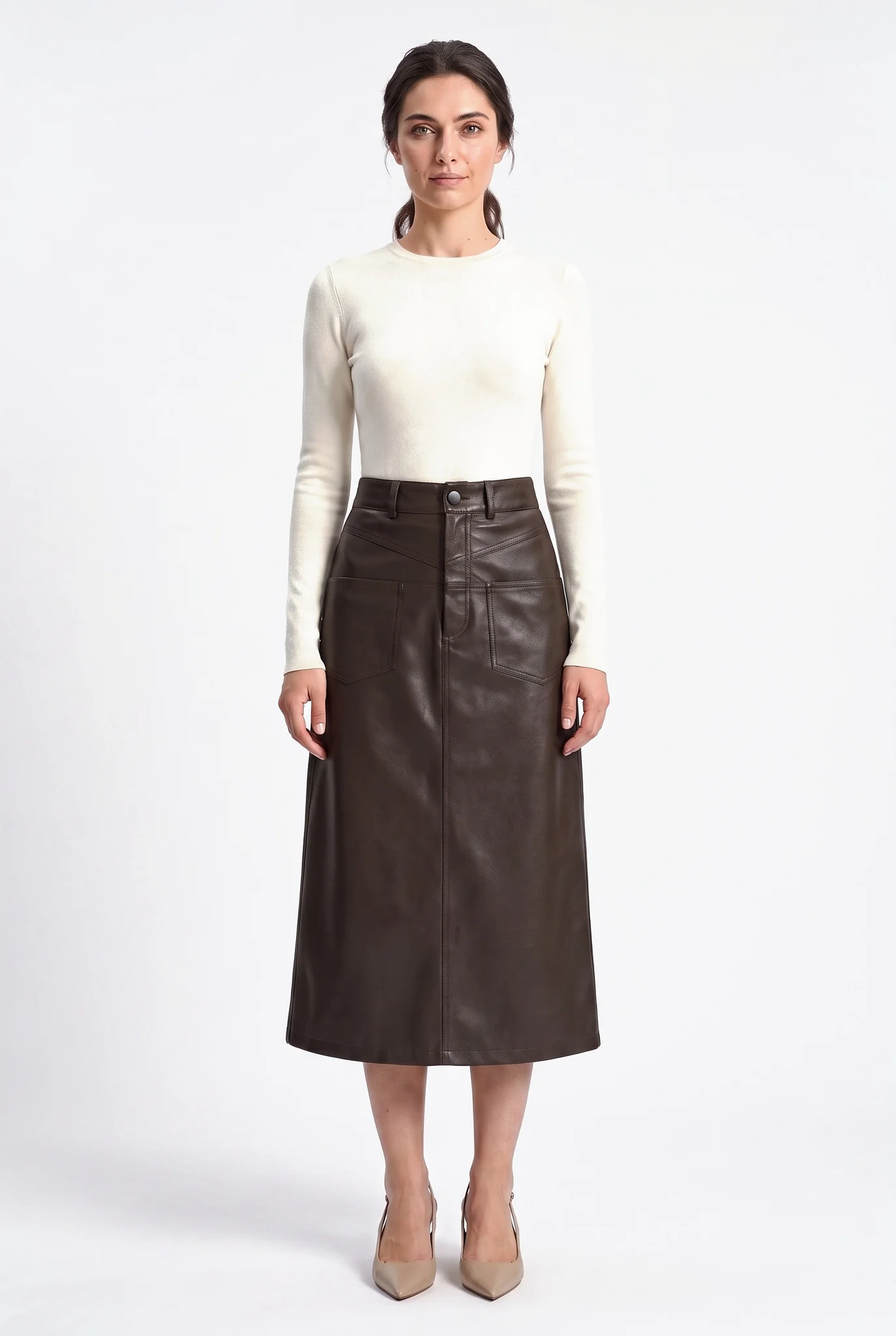 Falda midi trapecio en polipiel forrada marrón chocolate