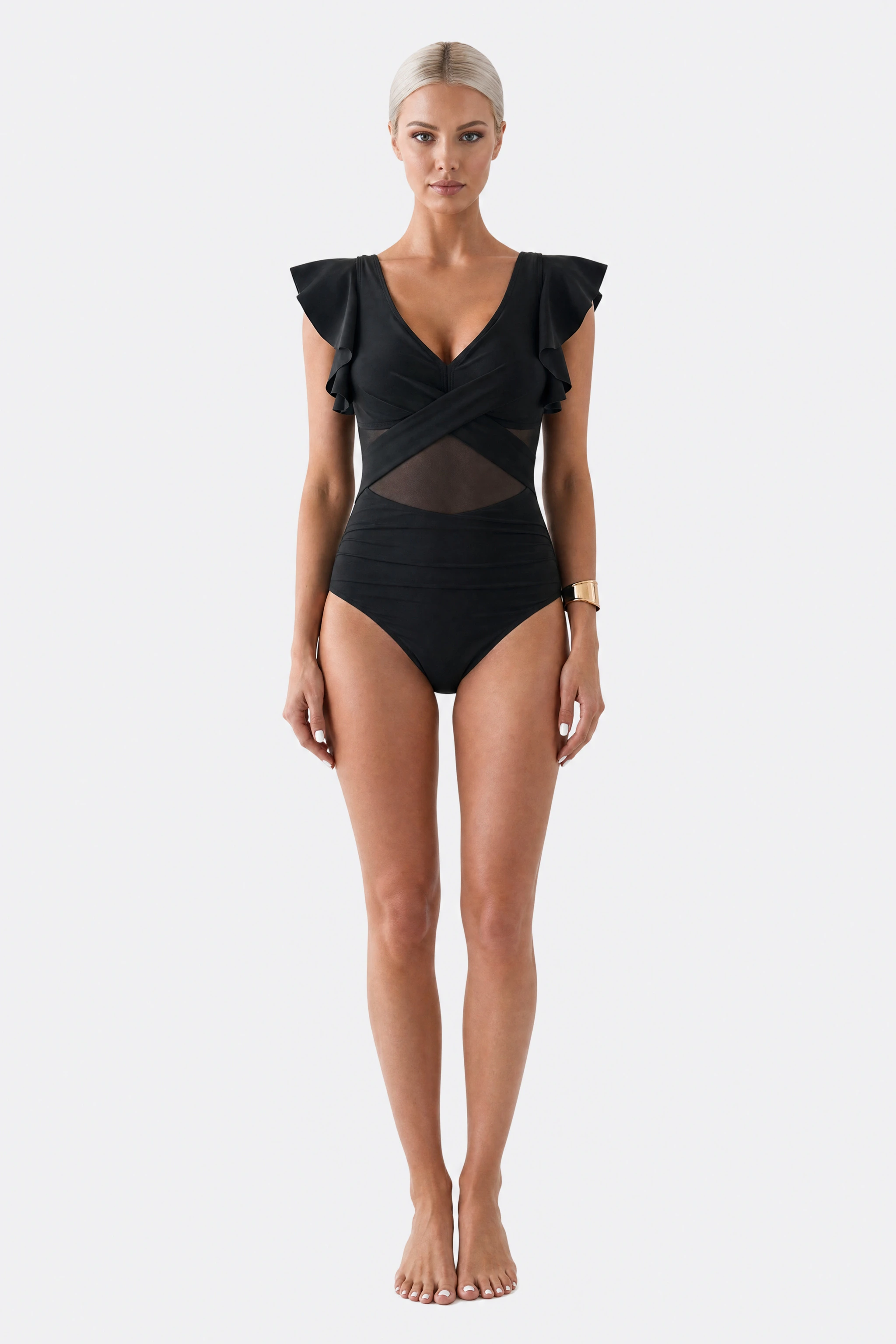 Traje de baño de una pieza negro con volantes