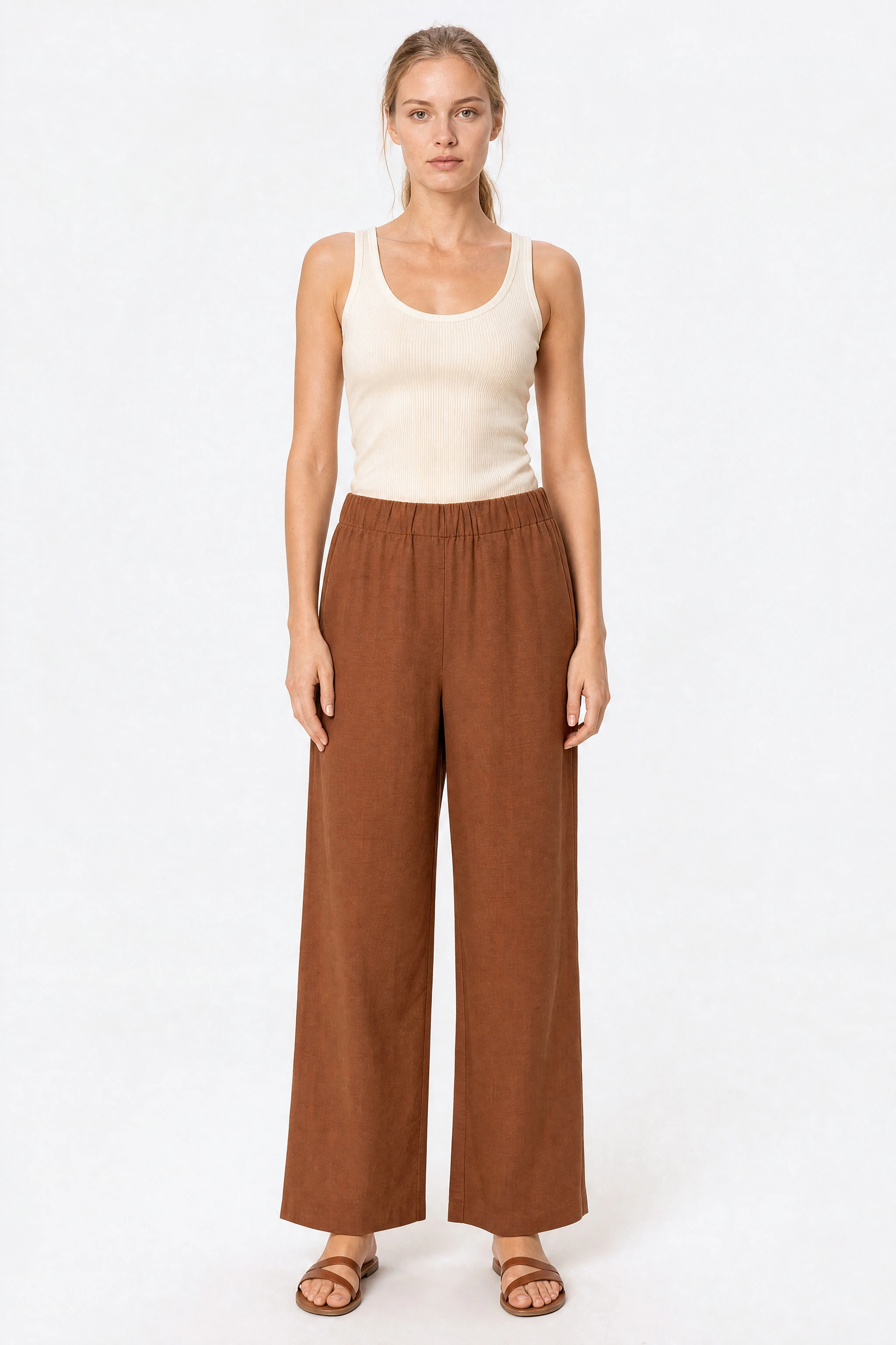 Pantalón ancho de lino marrón con cintura elástica