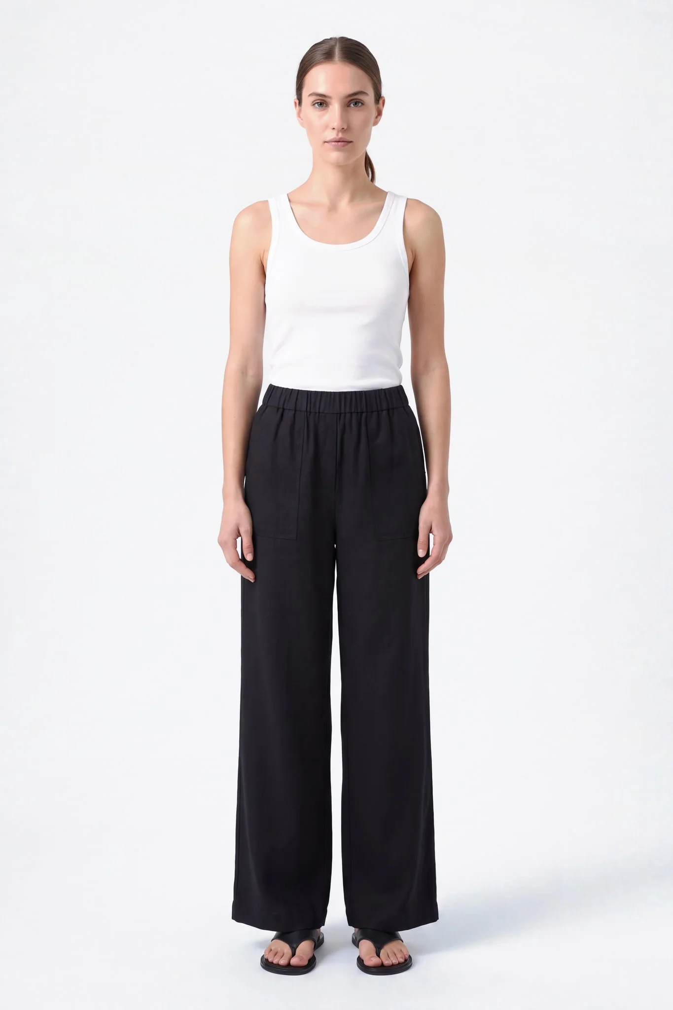 Pantalón ancho de lino negro con cintura elástica