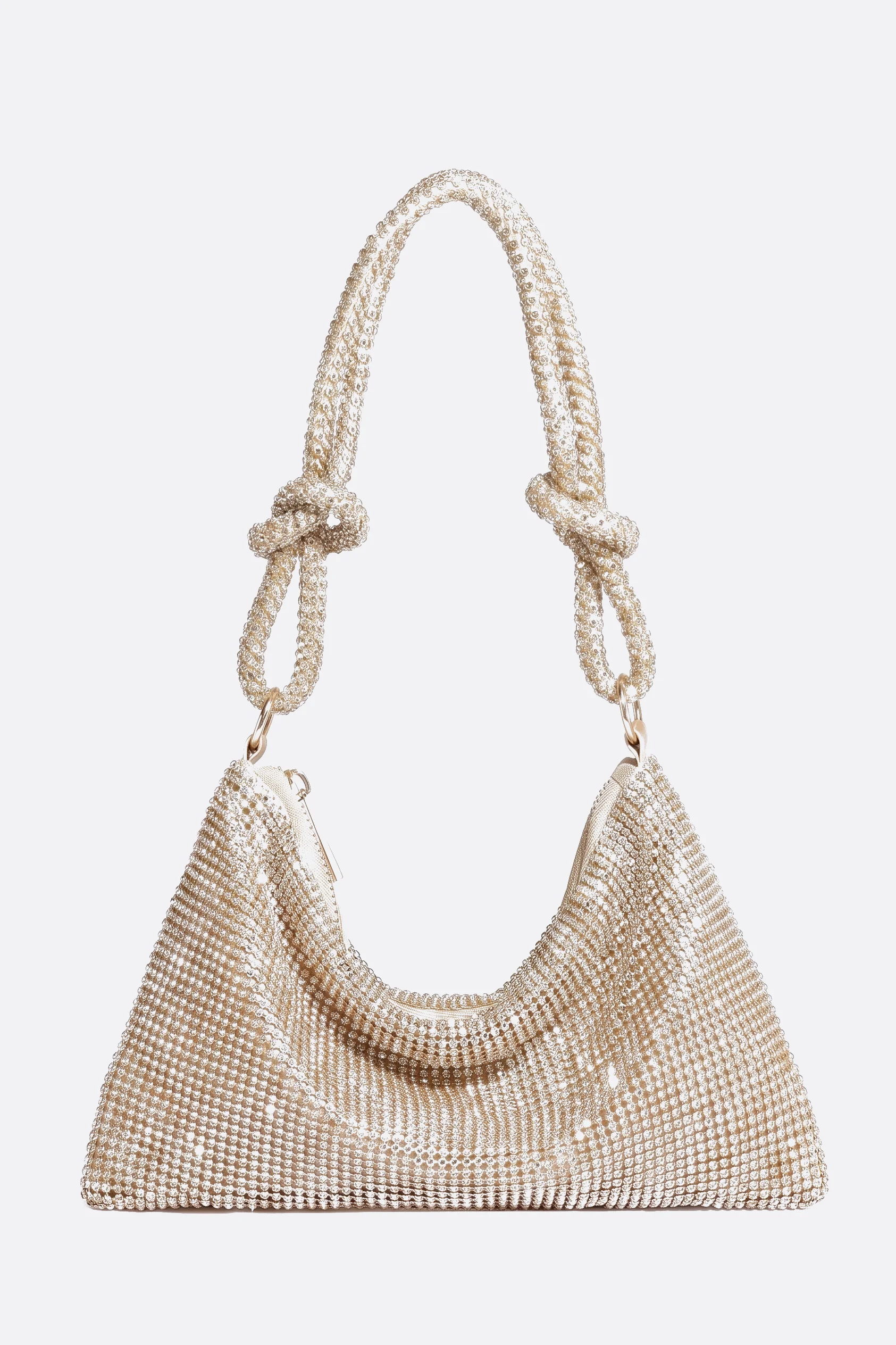 Pochette de strass dorada con asa anudada