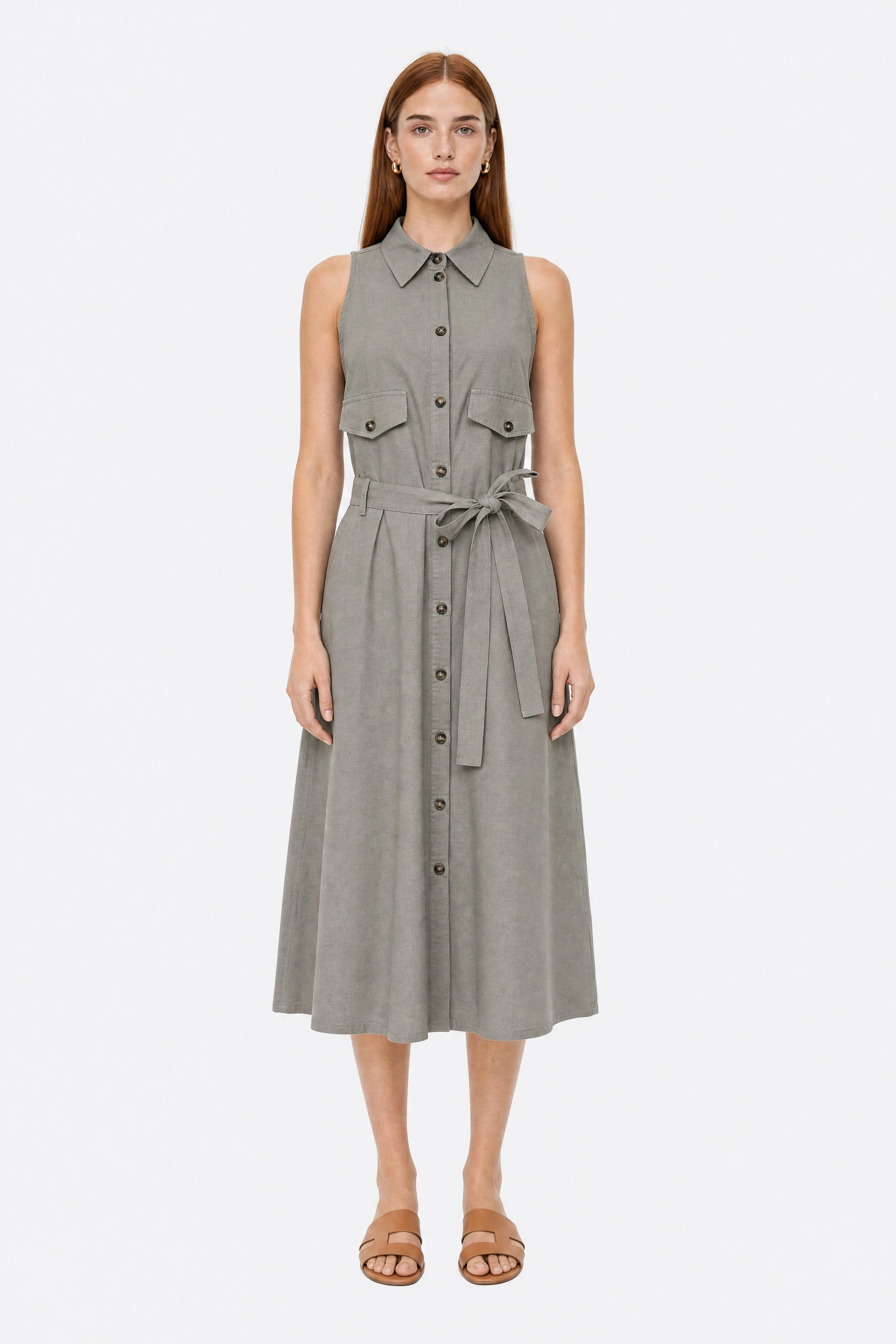 Vestido camisero midi de lino caqui con cinturón anudado