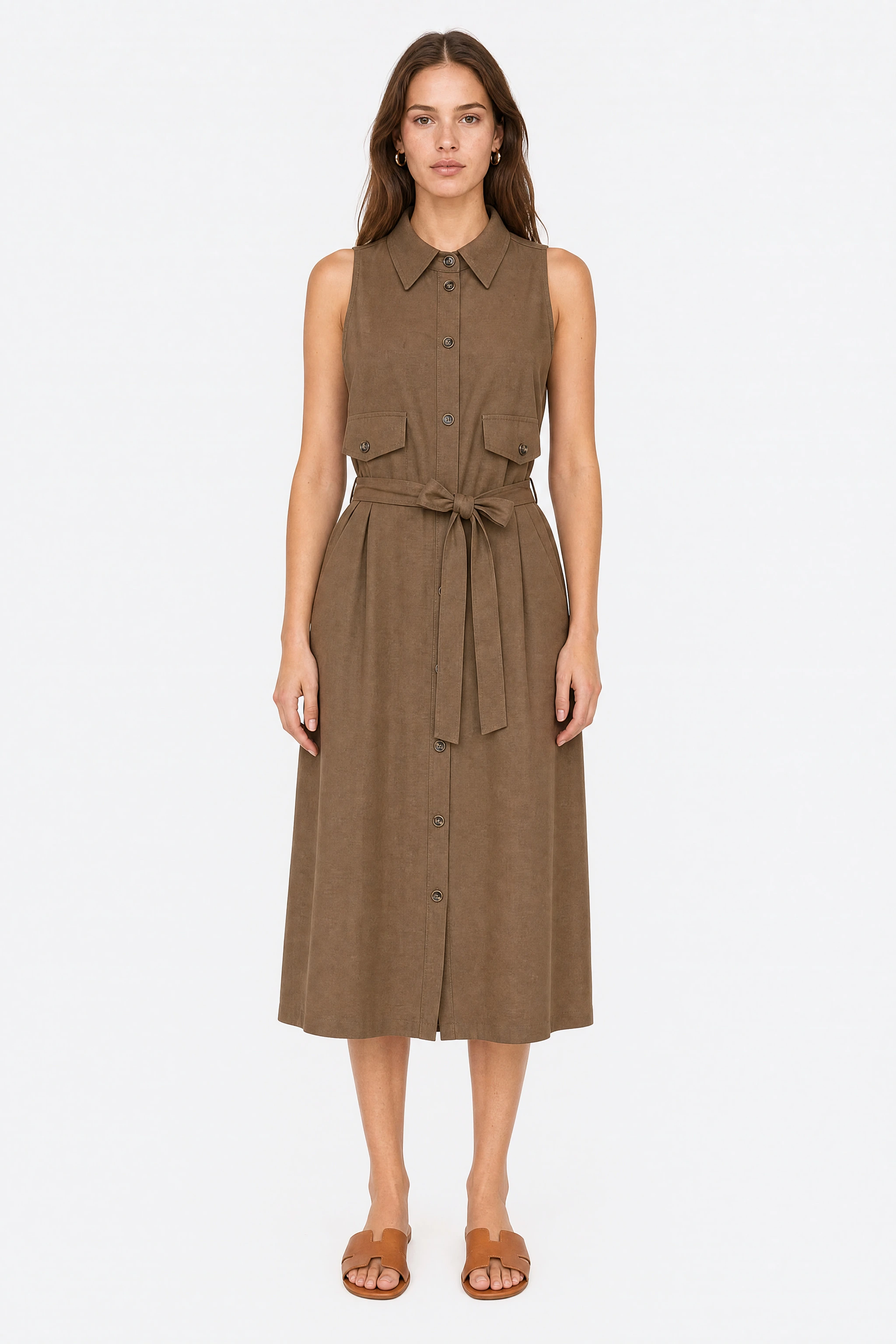 Vestido camisero midi en lino marrón con cinturón anudado