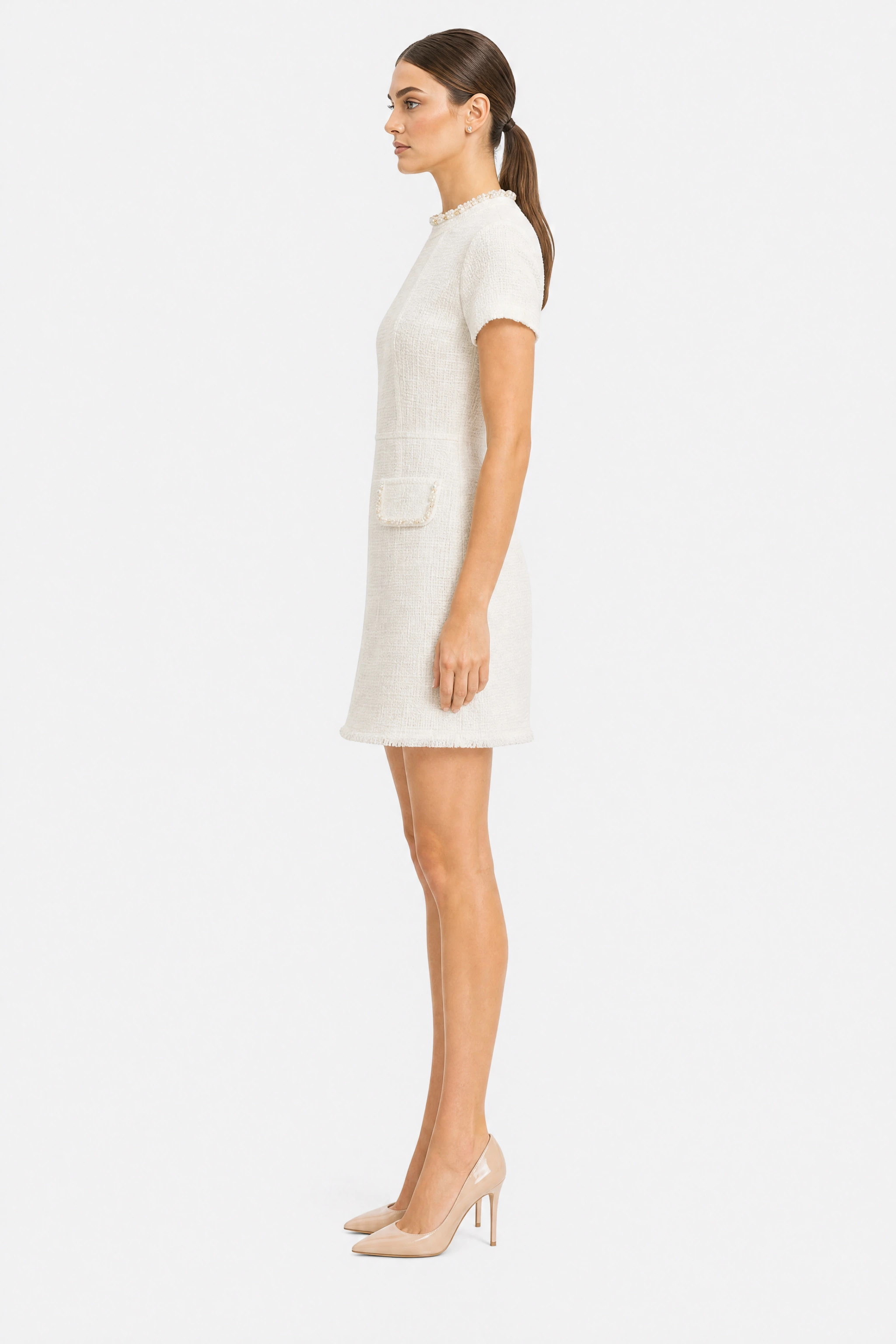 White Tweed Dress with Gold Beads - Misciano