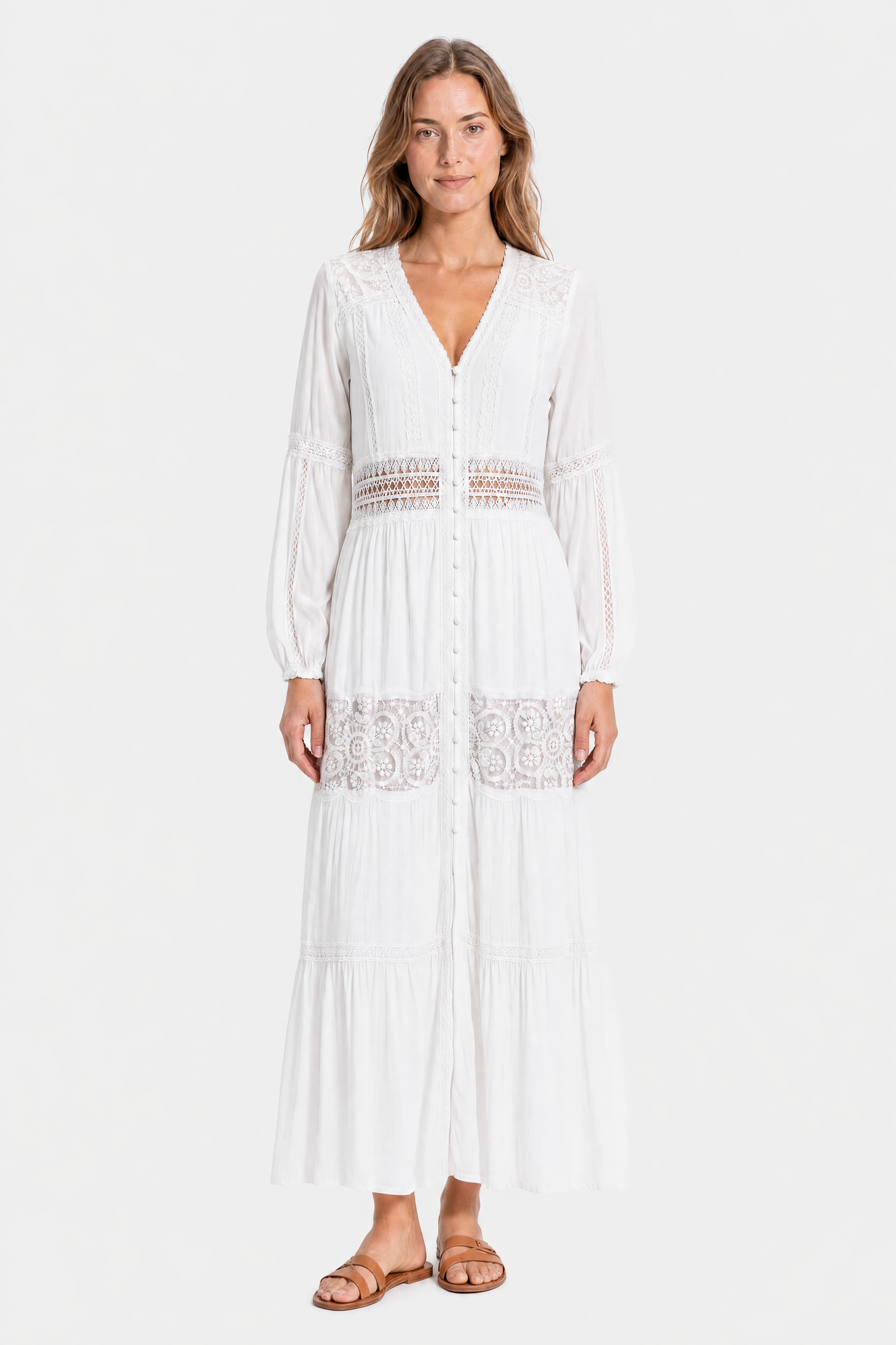 Vestido largo bohemio blanco abotonado de encaje