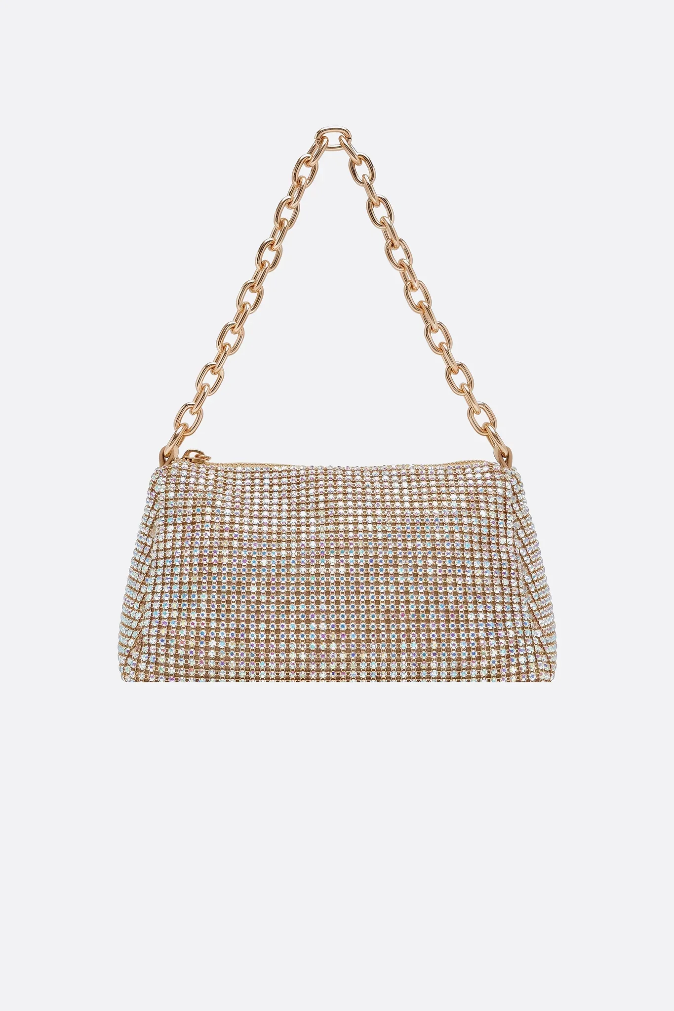 Bolso de cristales dorados multicolores, cadena gruesa