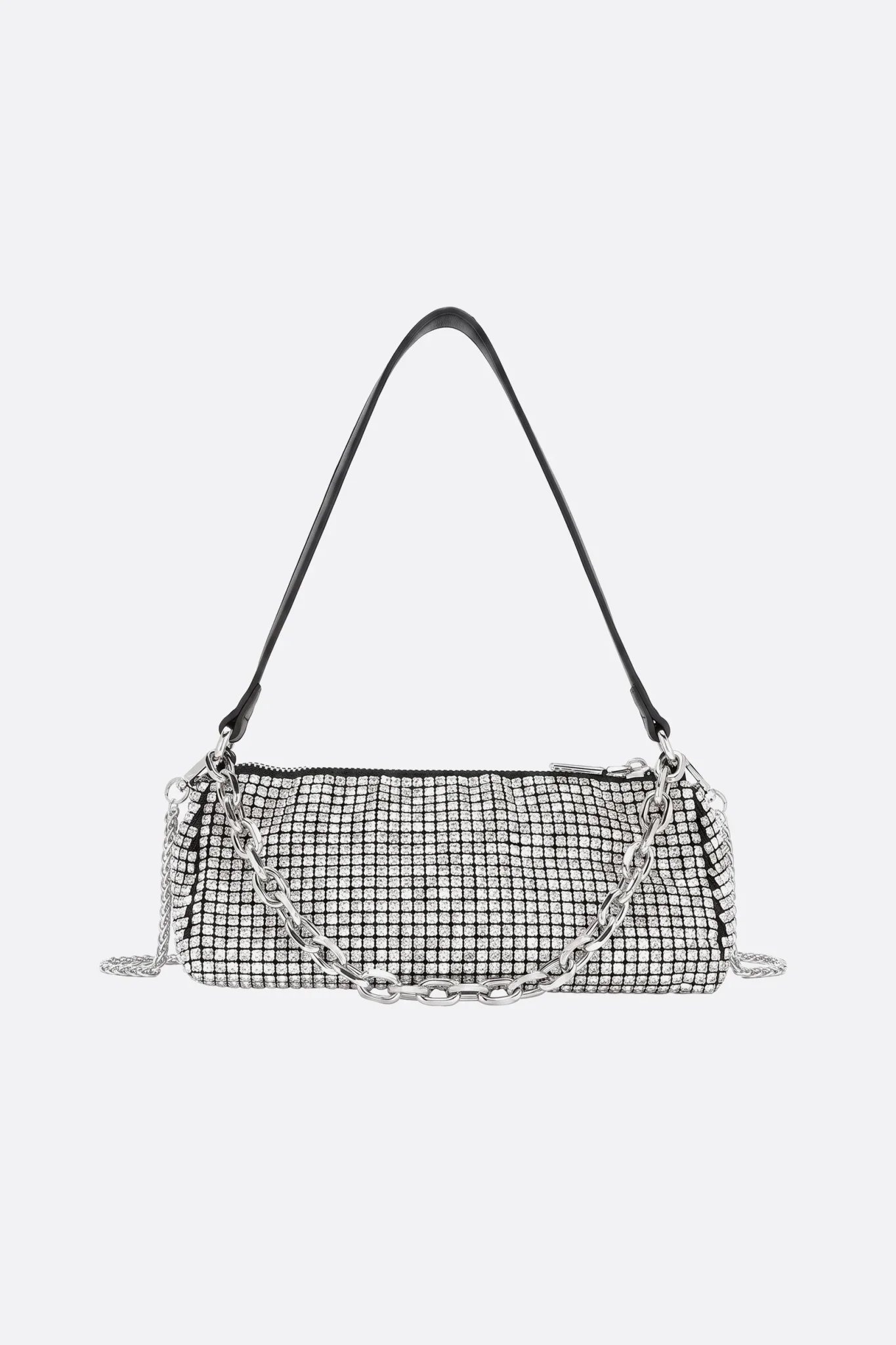 Bolso baguette de strass plateado con cadena gruesa