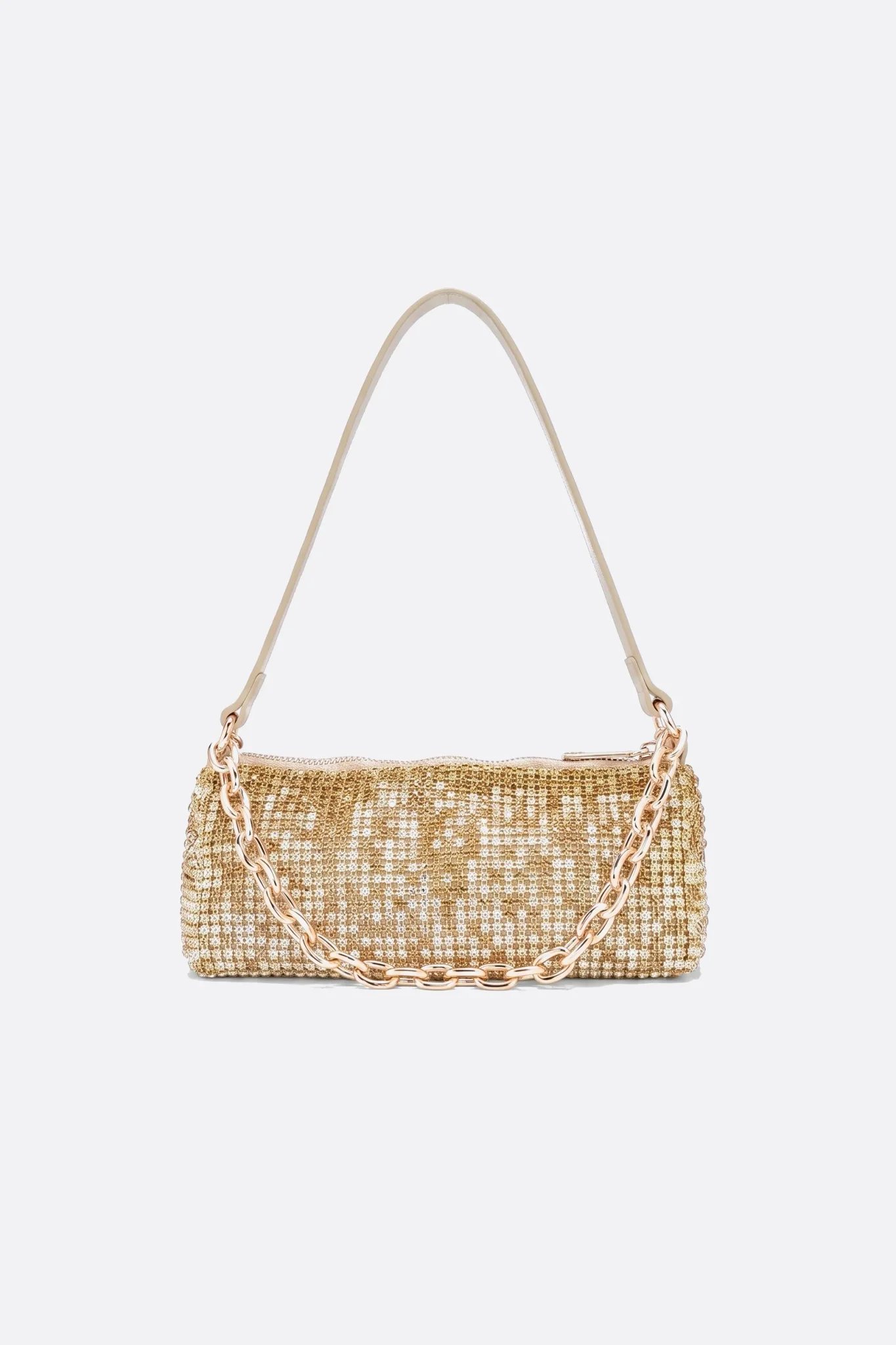 Bolso baguette de strass dorado con cadena gruesa