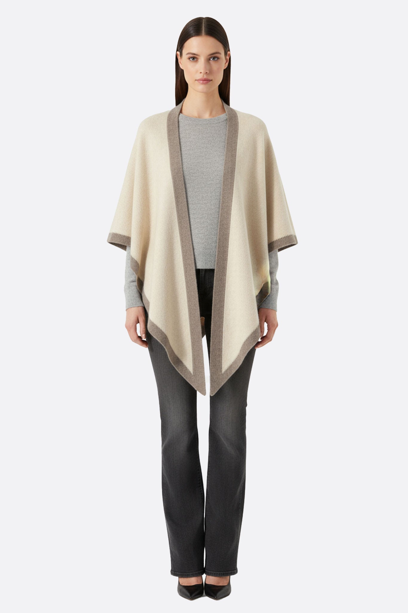 Poncho de cachemira beige con bandas contrastantes en topo