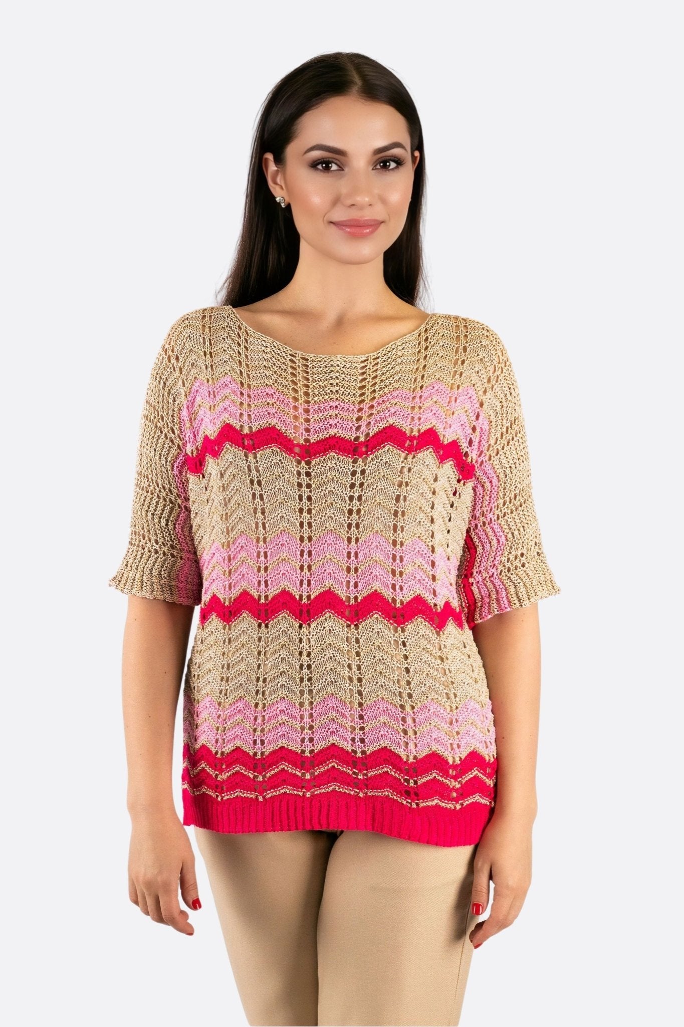 Tirante beige calado con motivos de espiga rosas