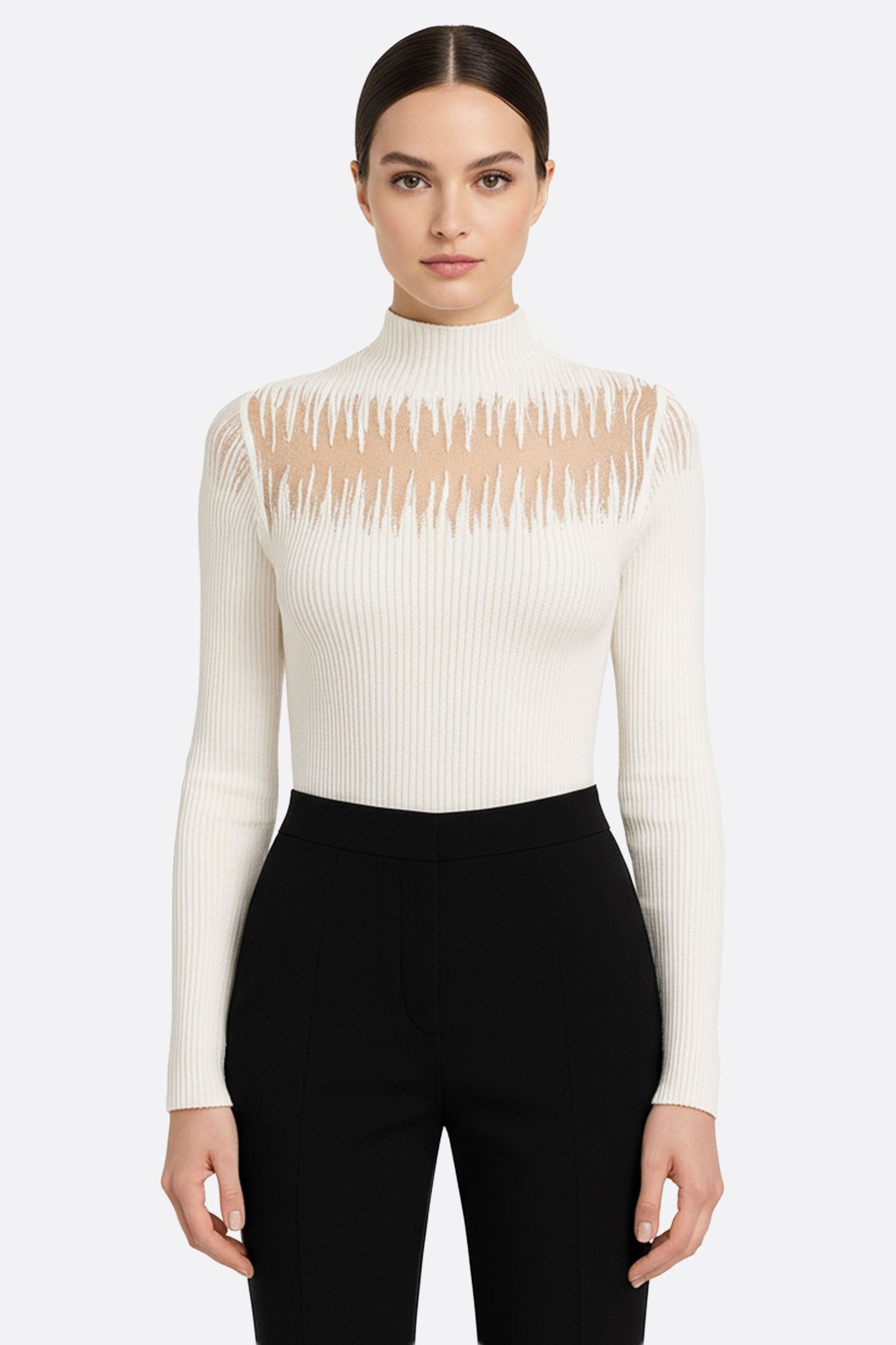 Jersey blanco fino de manga larga con inserción nude transparente