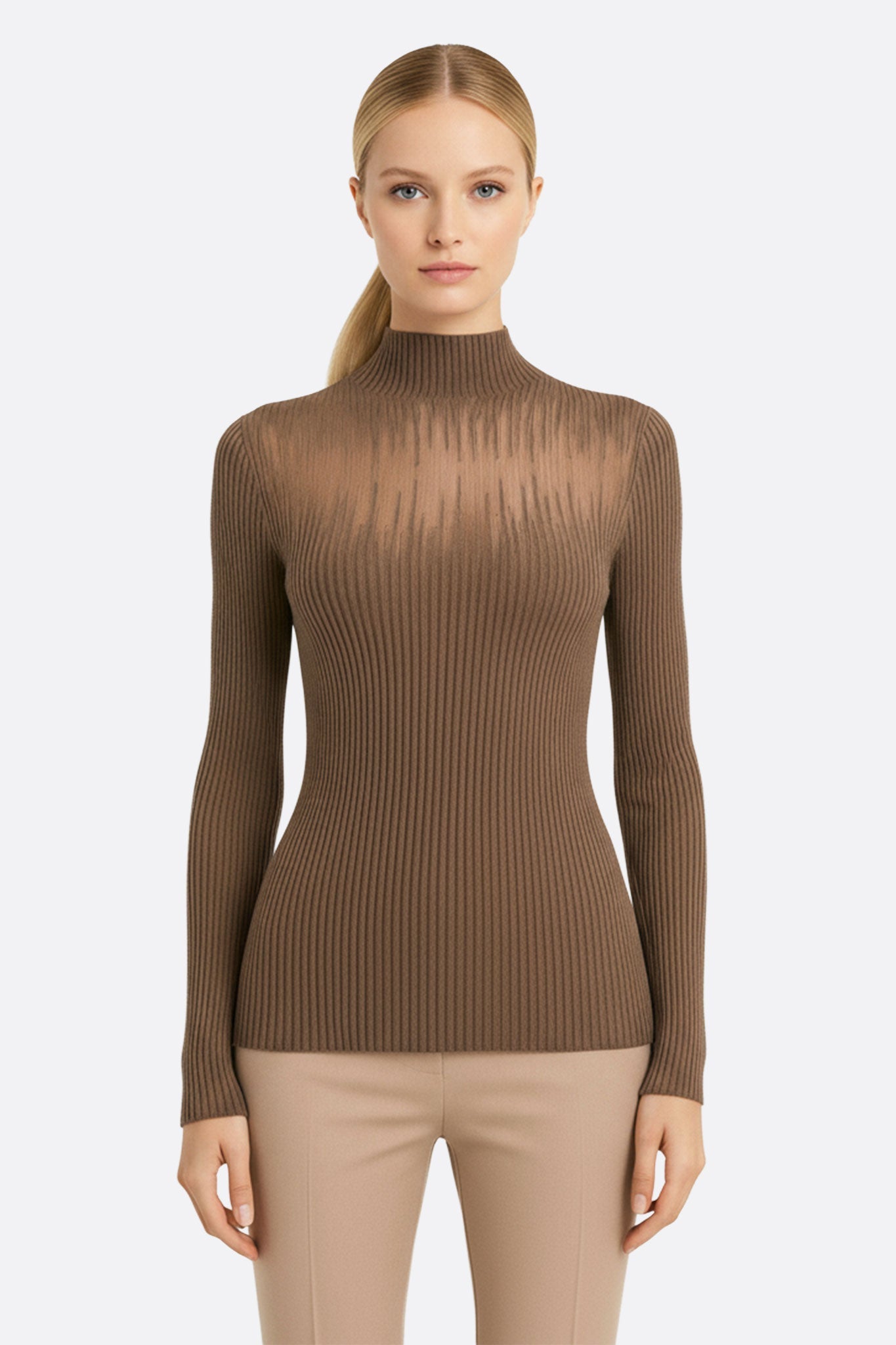 Jersey marrón fino de manga larga con inserción nude transparente