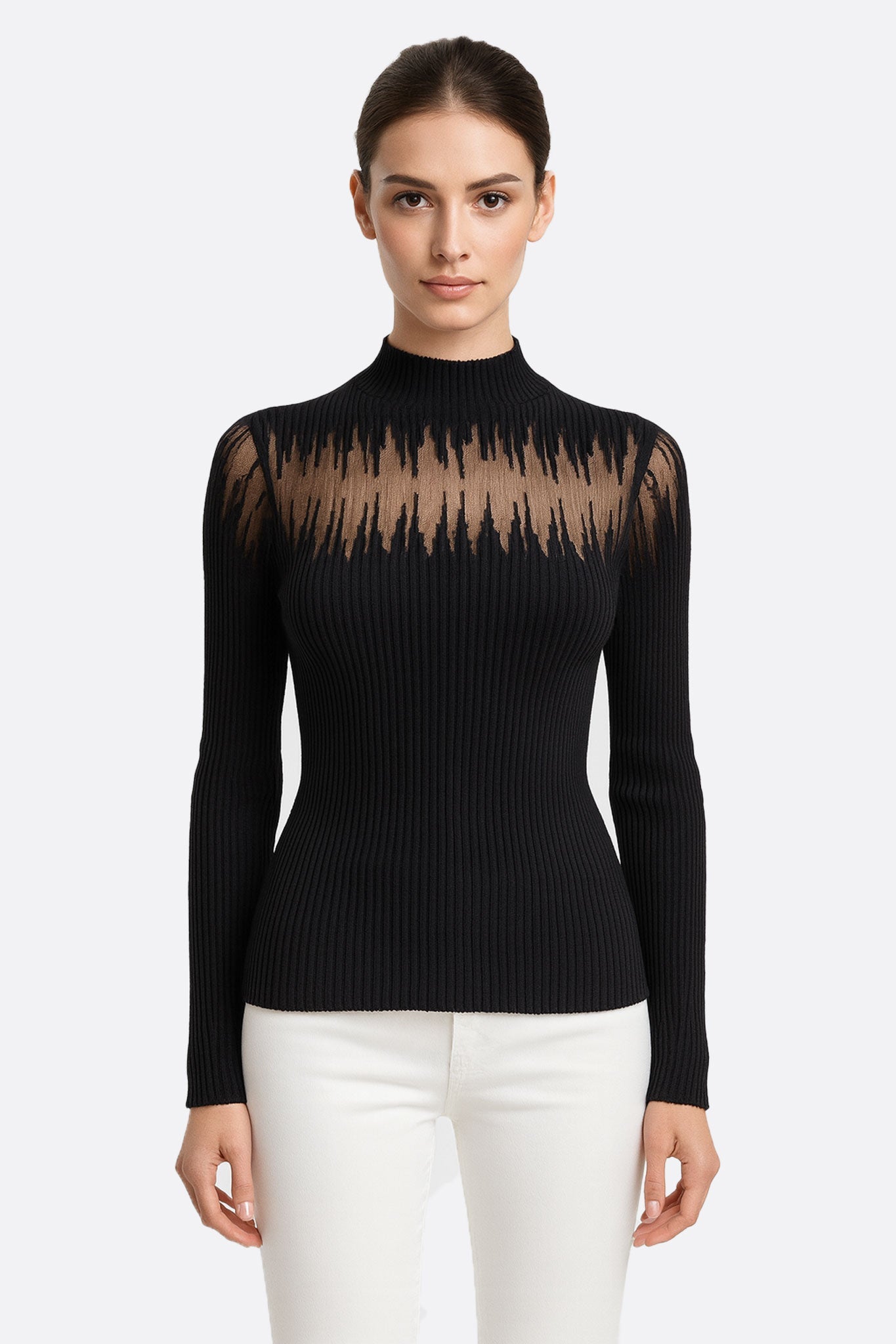 Jersey negro de manga larga con inserción nude transparente