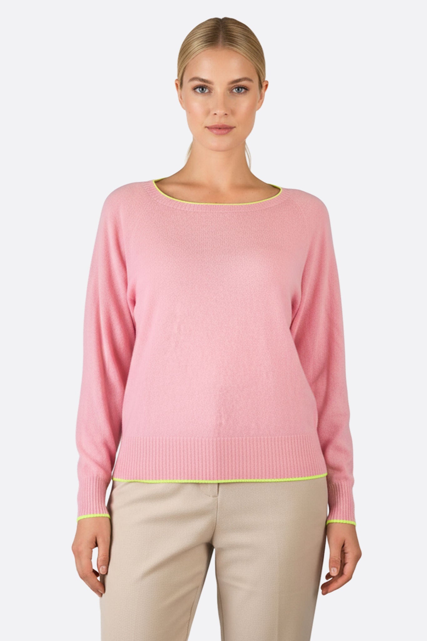 Jersey de lana merino y cachemira con acabados en contraste de amarillo flúor