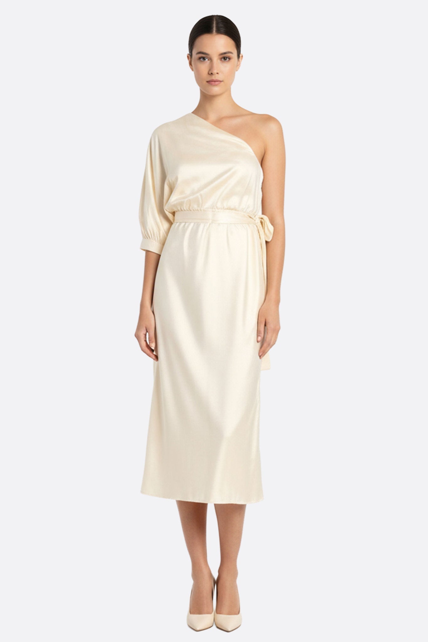 drape asymmetric midi dress in satin Draped Evening Ecru White – Misciano Invisible zip closure