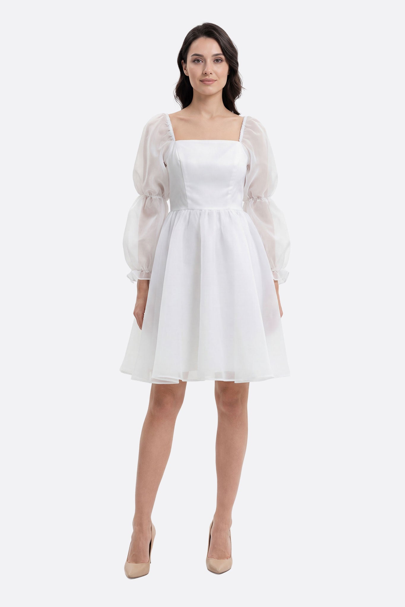 Vestido corto blanco Lauren con mangas abullonadas