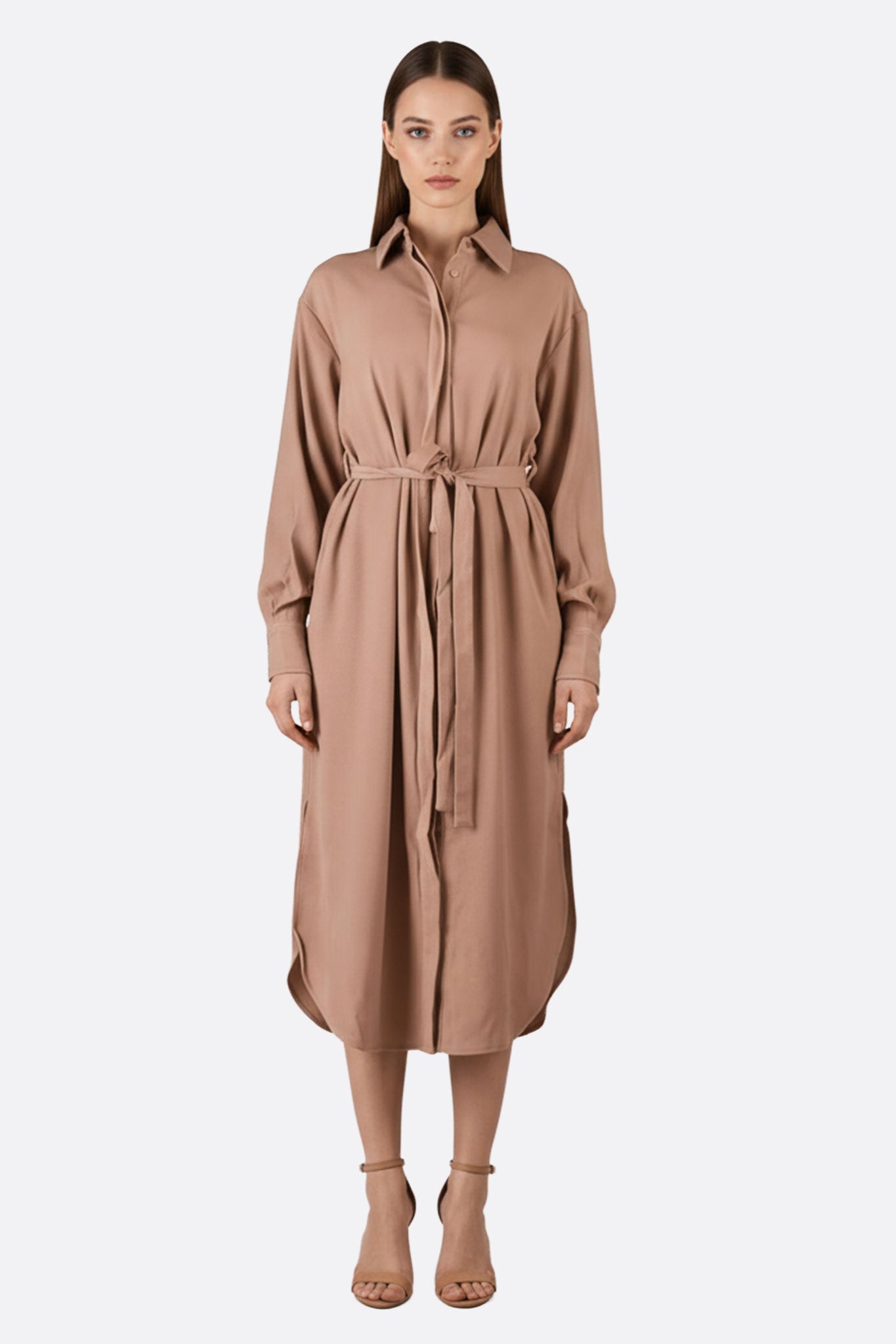 Vestido camisero largo entallado beige camello