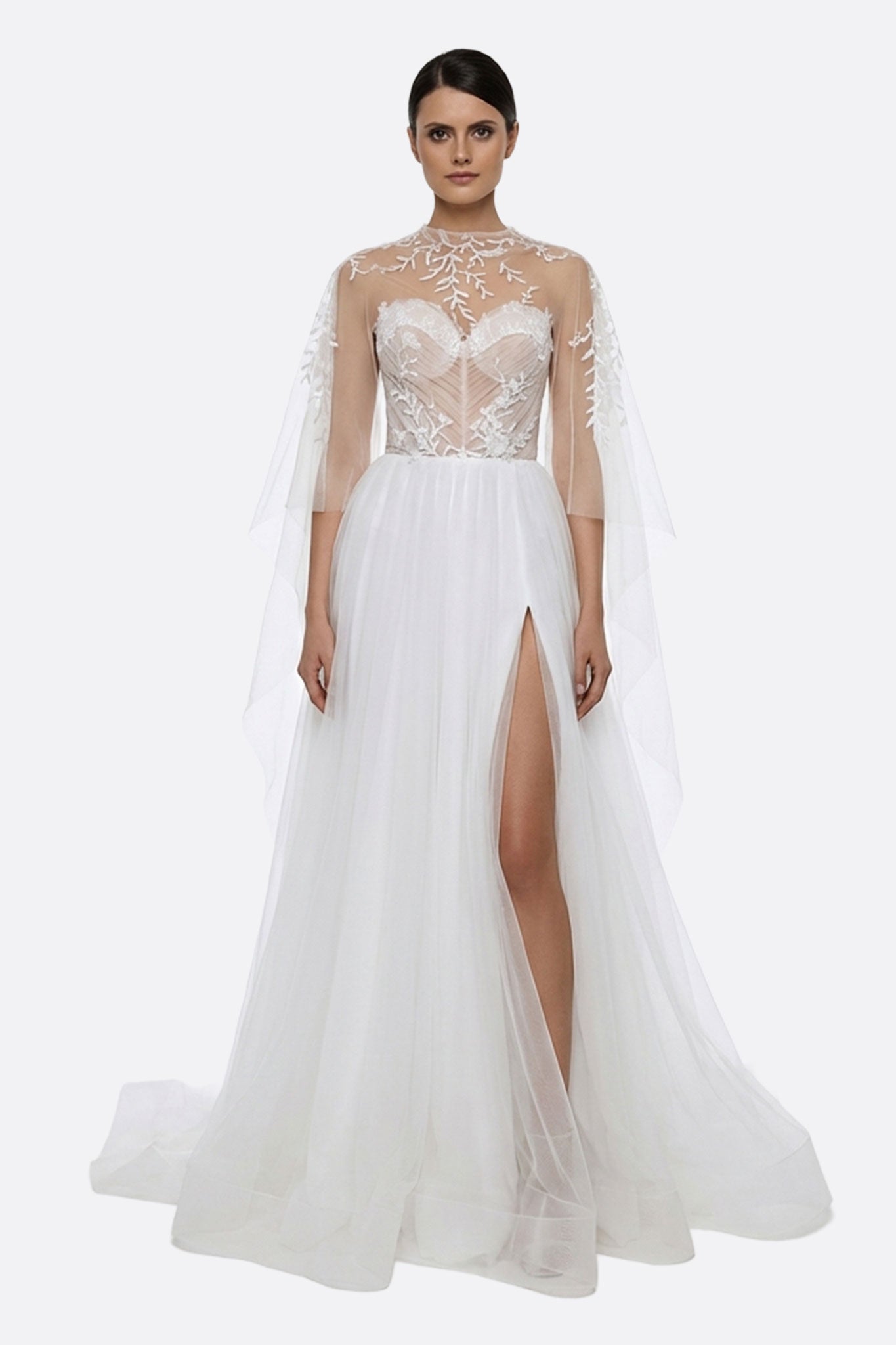 Vestido de novia blanco Alena de tul palabra de honor con sobrefalda