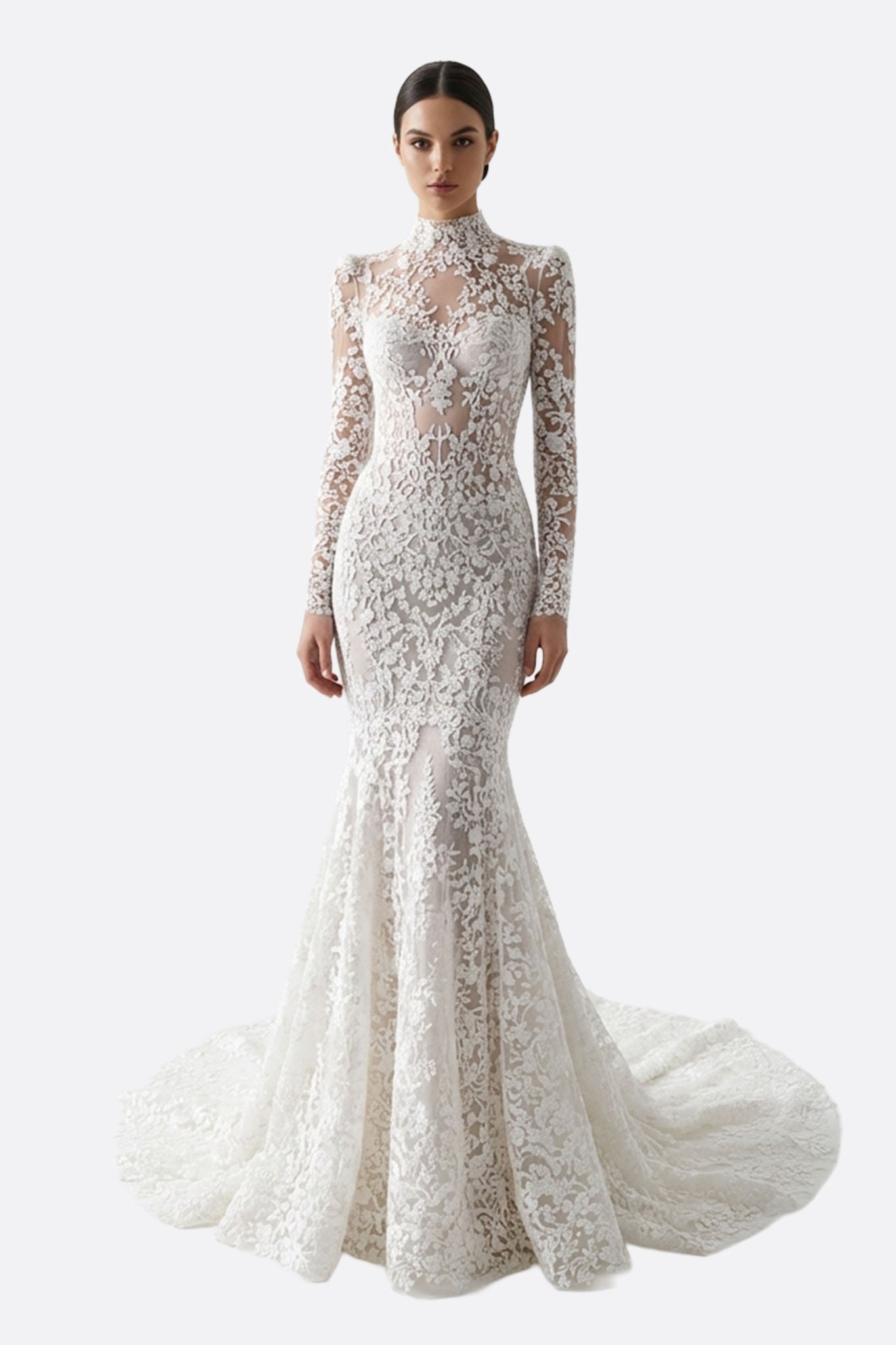 Vestido de novia blanco sirena de encaje de manga larga