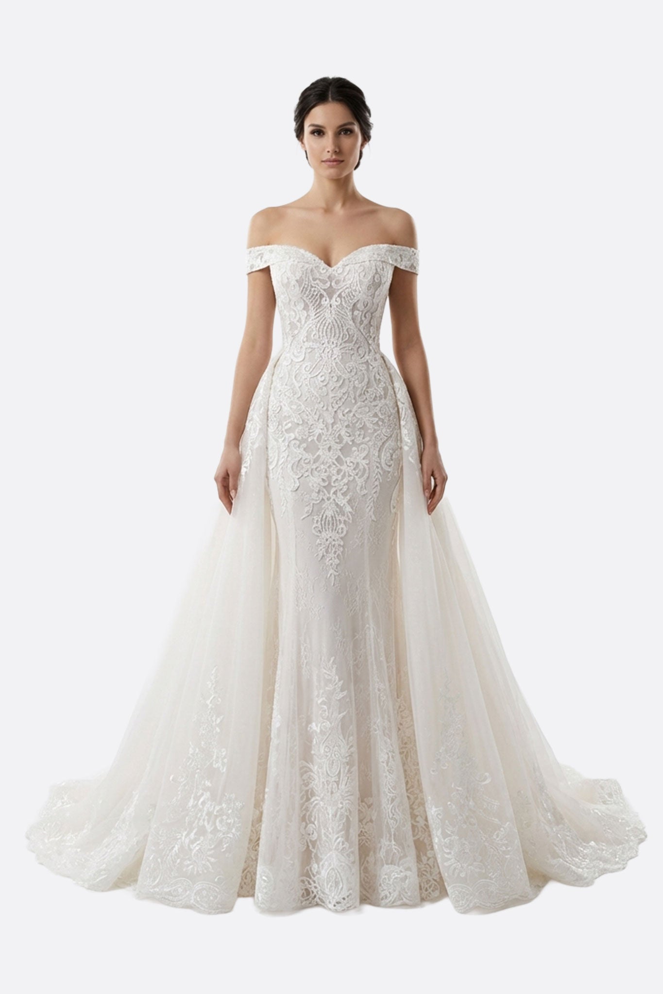 Vestido de novia largo Almaris de encaje blanco con hombros al descubierto