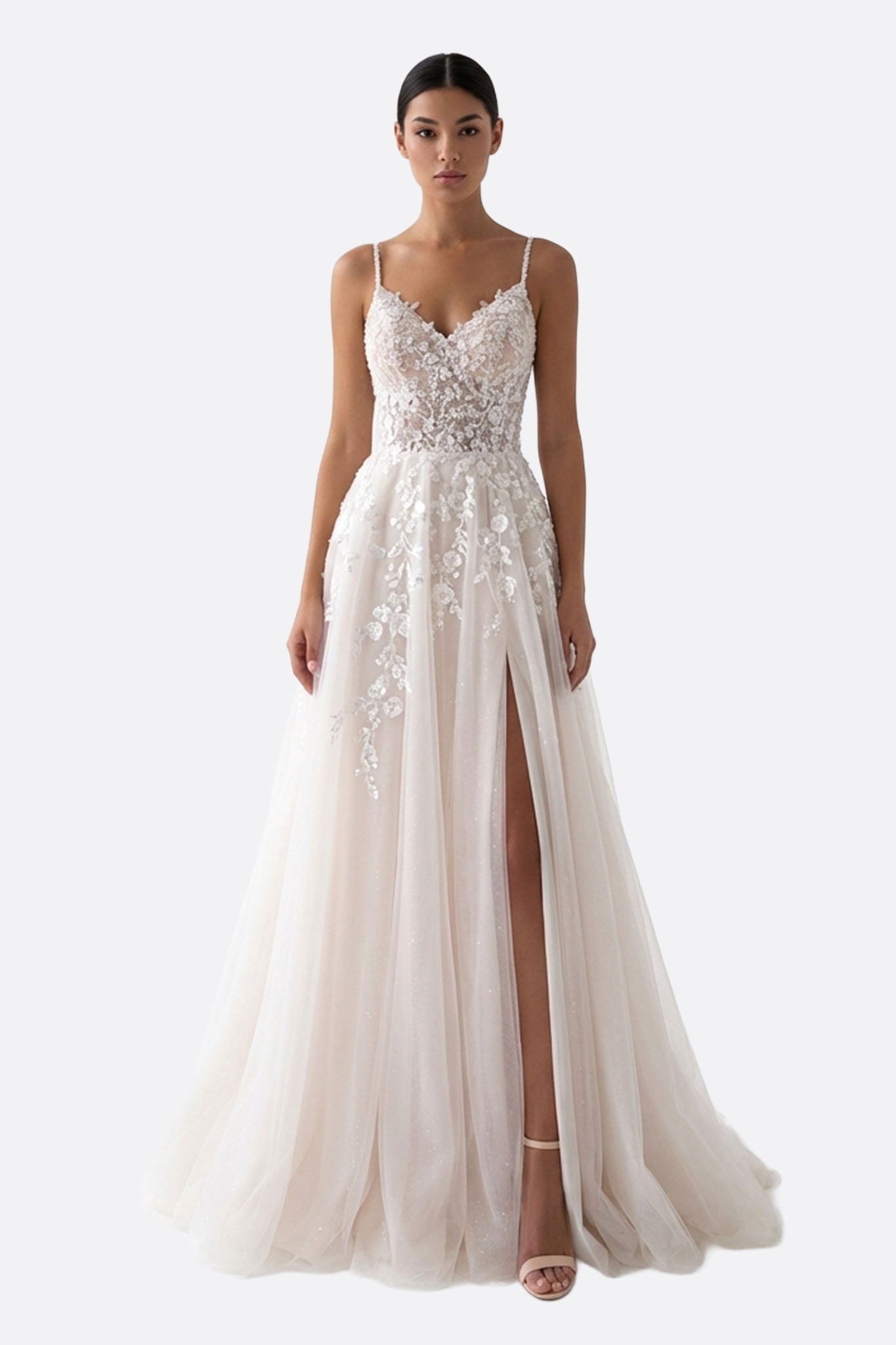 Vestido de novia Trinity blanco largo de encaje con tirantes finos