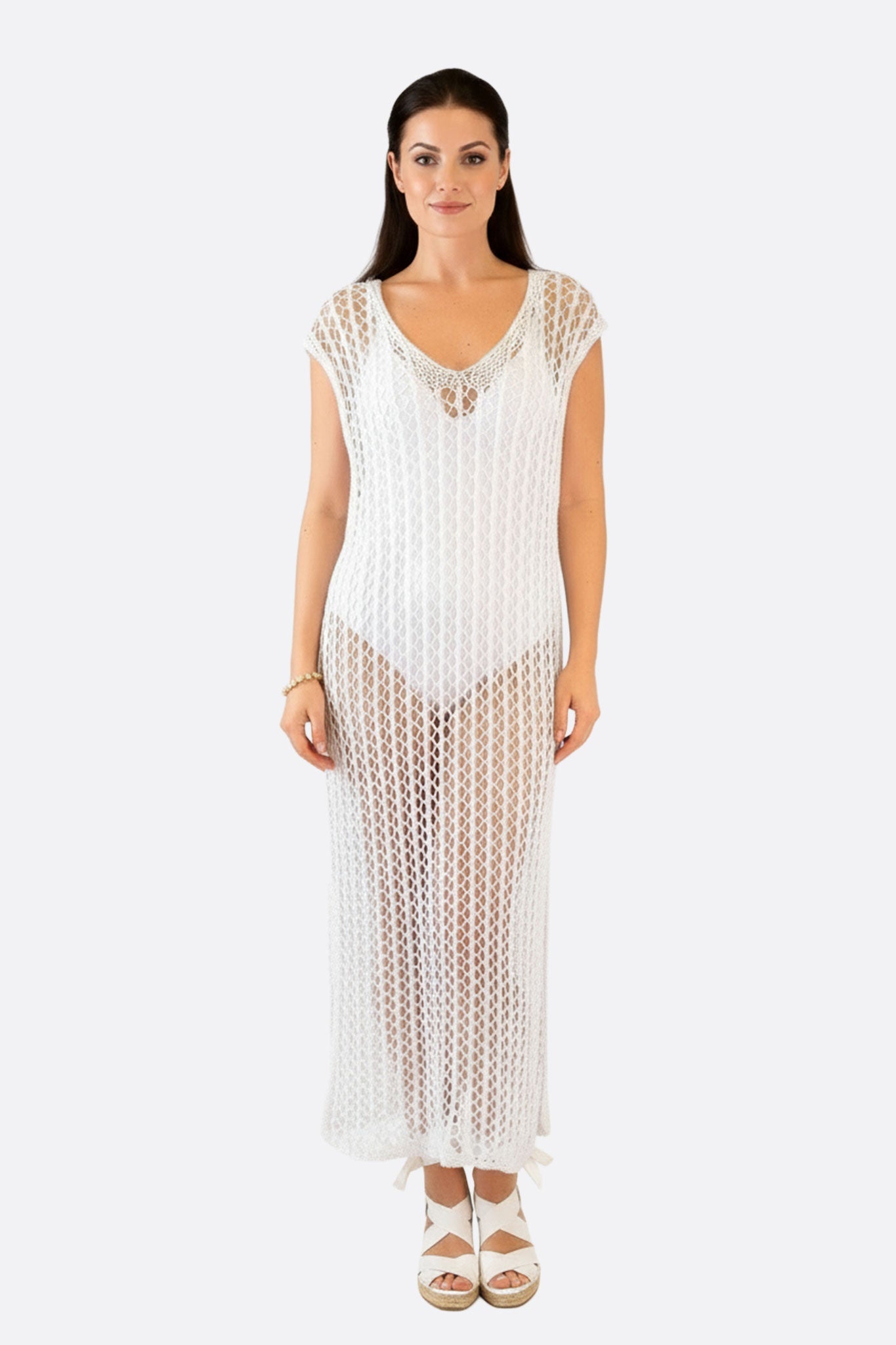 Vestido de playa bohemio de ganchillo blanco