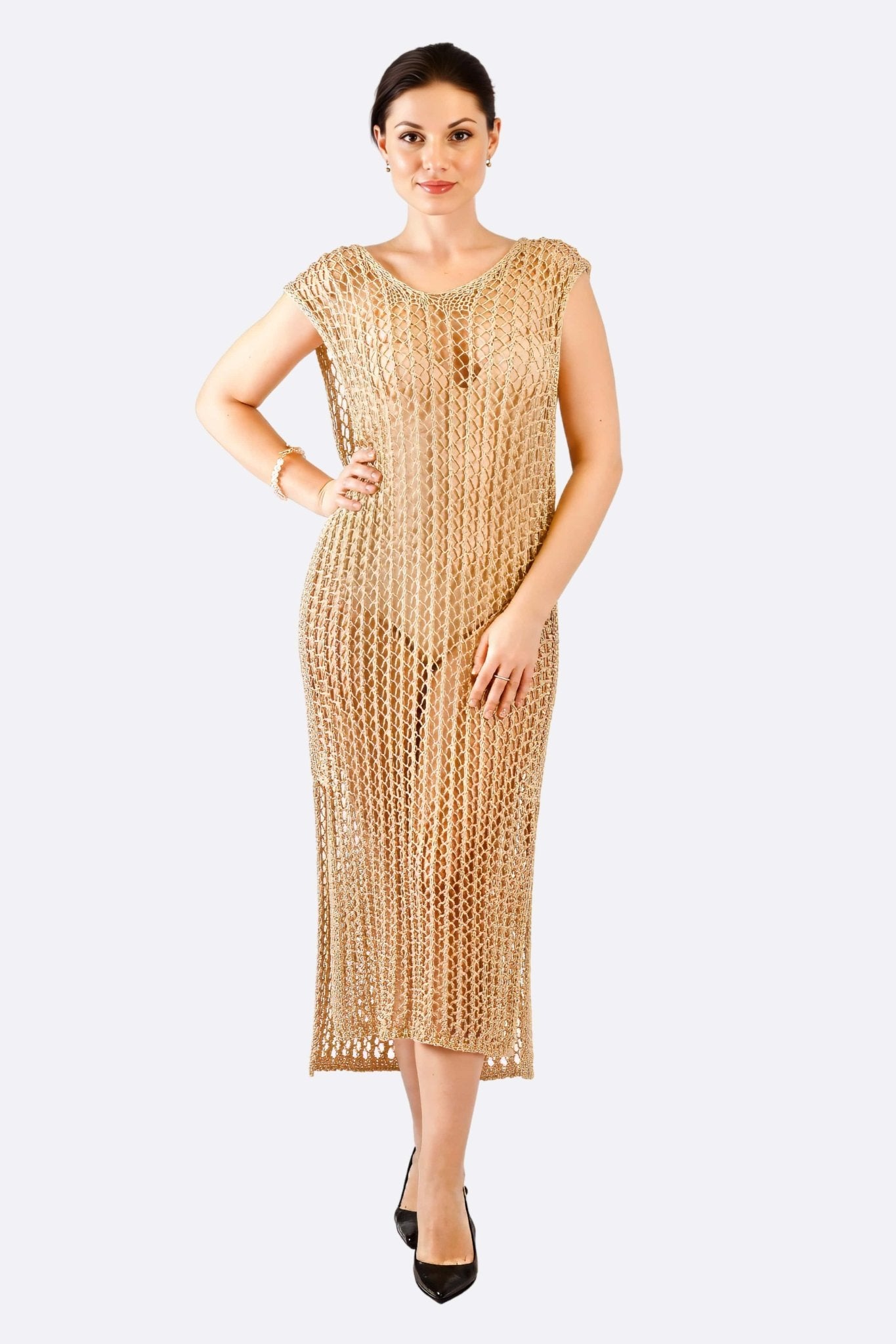 Vestido largo beige natural de punto de ganchillo