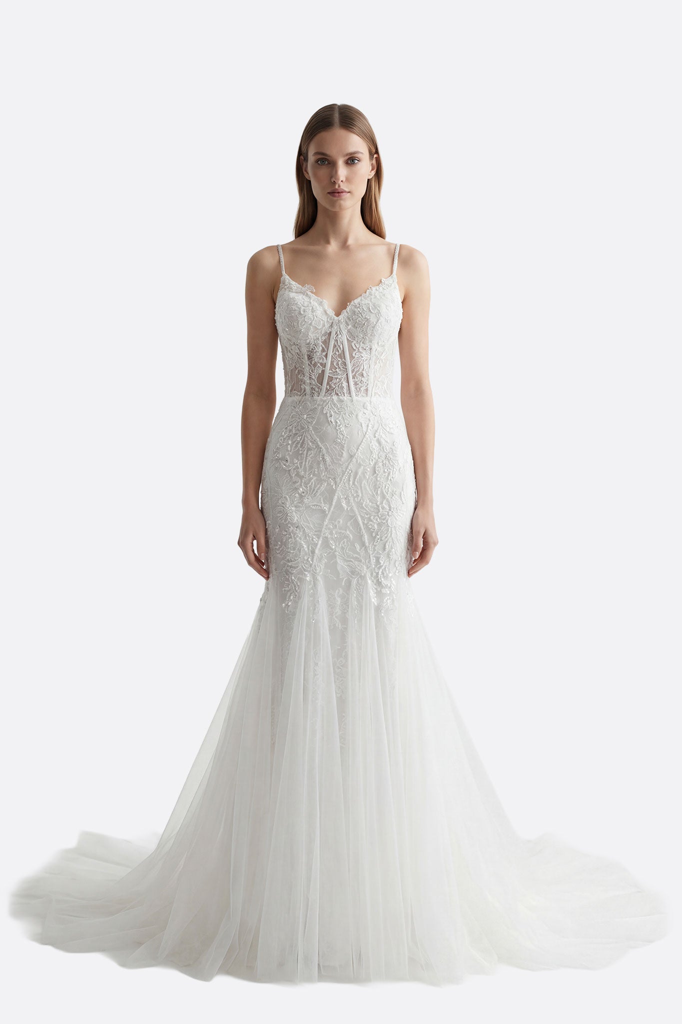 Vestido largo blanco Marla de encaje y tul con tirantes finos