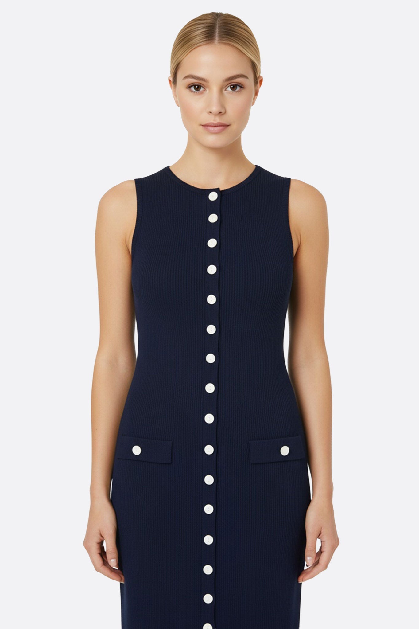 navy dress with gold buttons blue knit – Chic elegance BLACK-CREAM