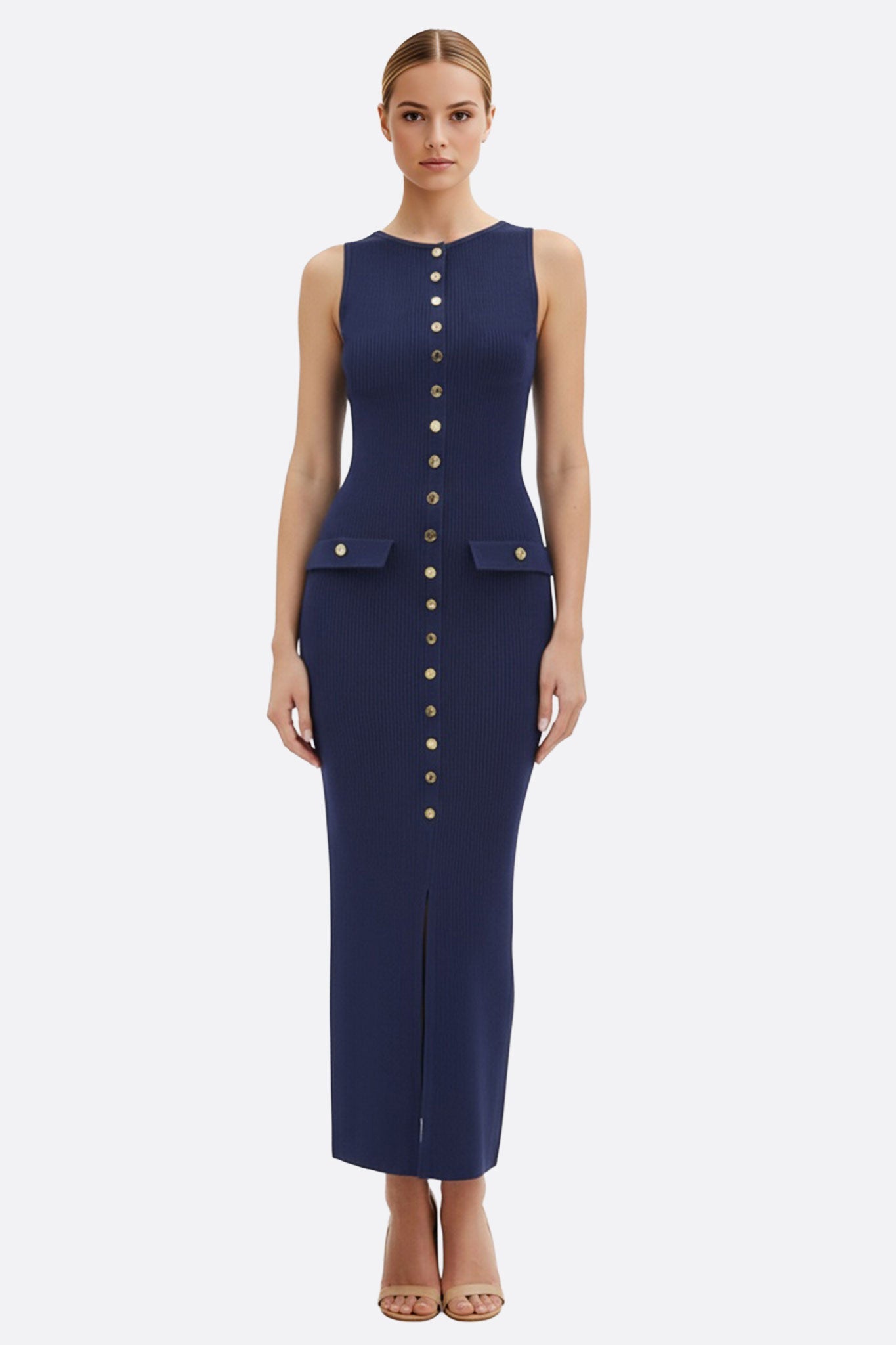 Vestido largo azul marino sin mangas de punto acanalado con botones
