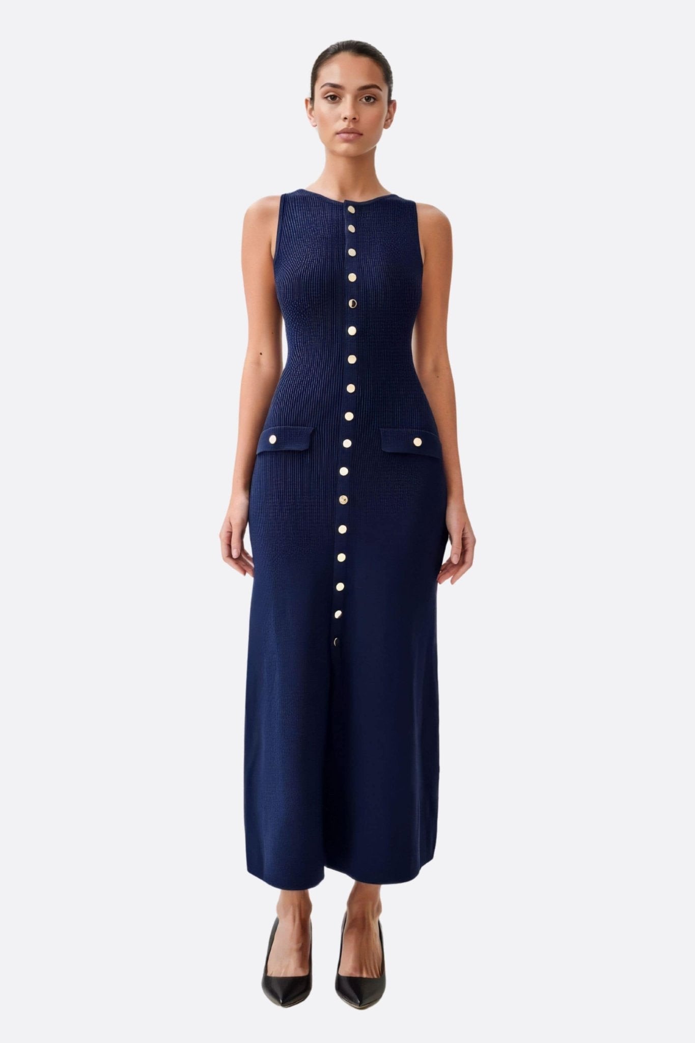Vestido largo azul noche acanalado sin mangas