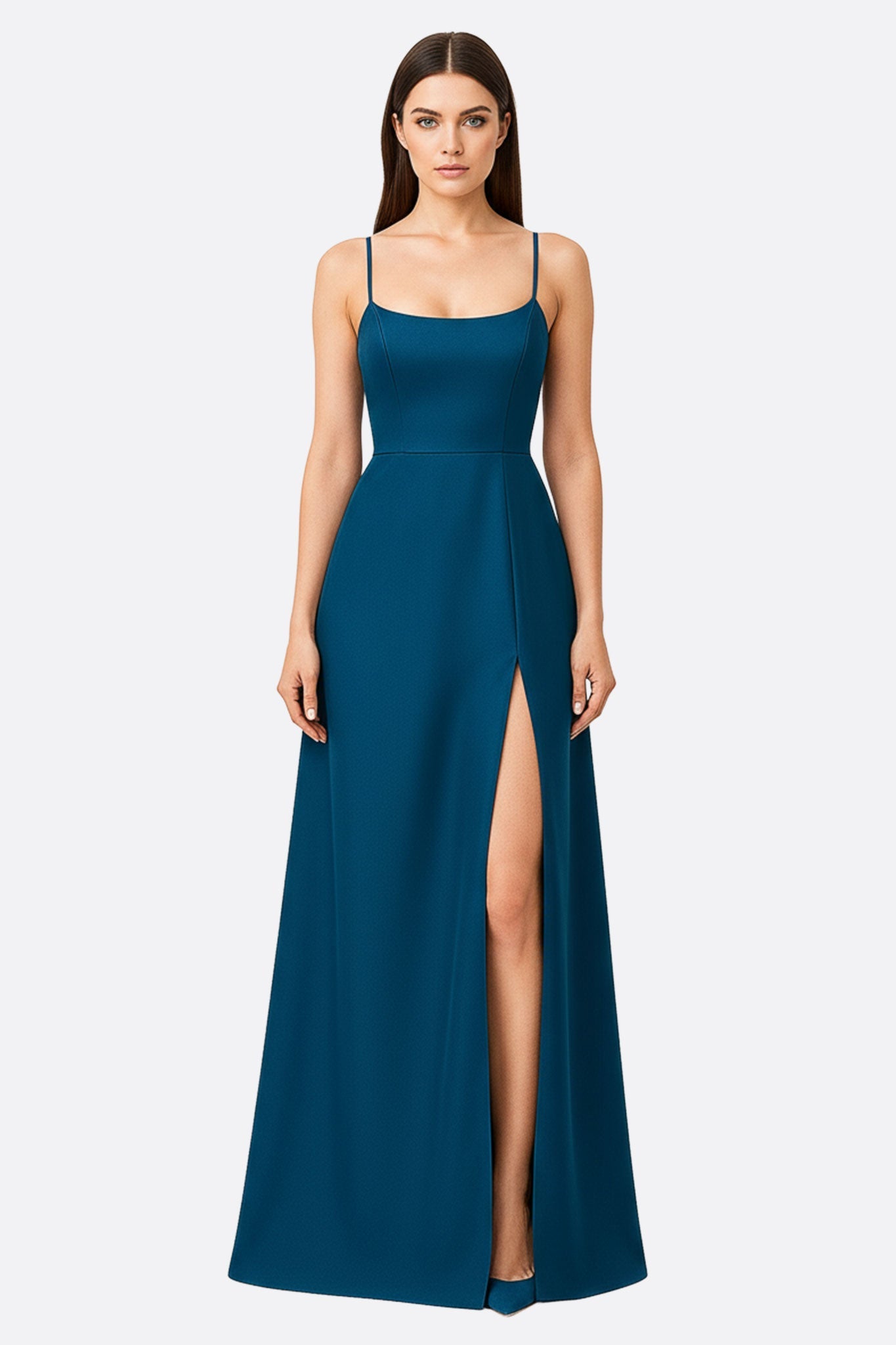 Vestido largo de espalda descubierta azul pato con tirantes cruzados y abertura lateral