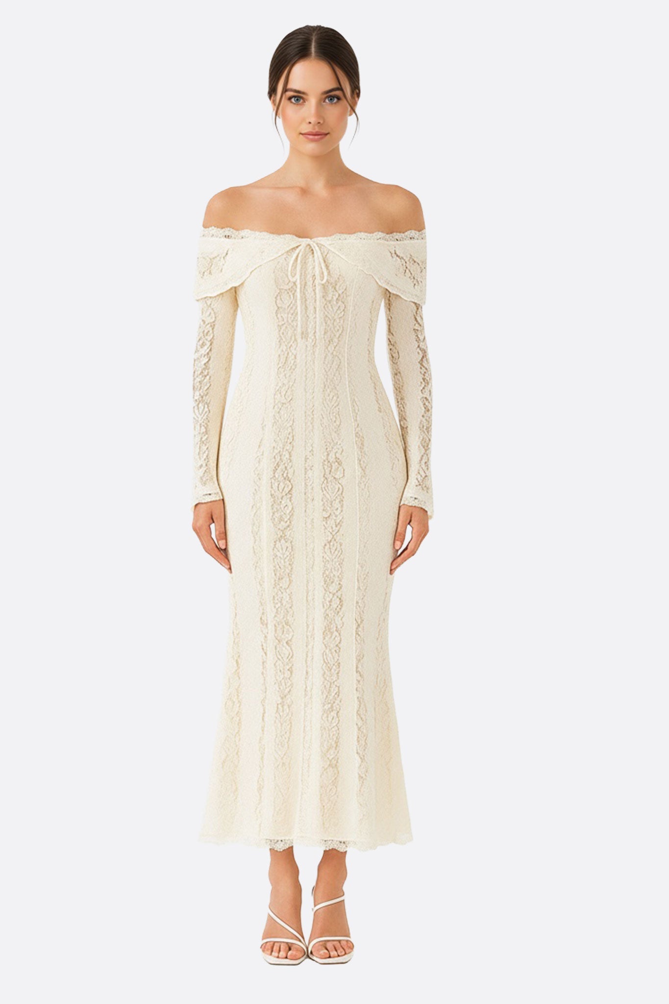 Vestido largo de encaje blanco con hombros descubiertos
