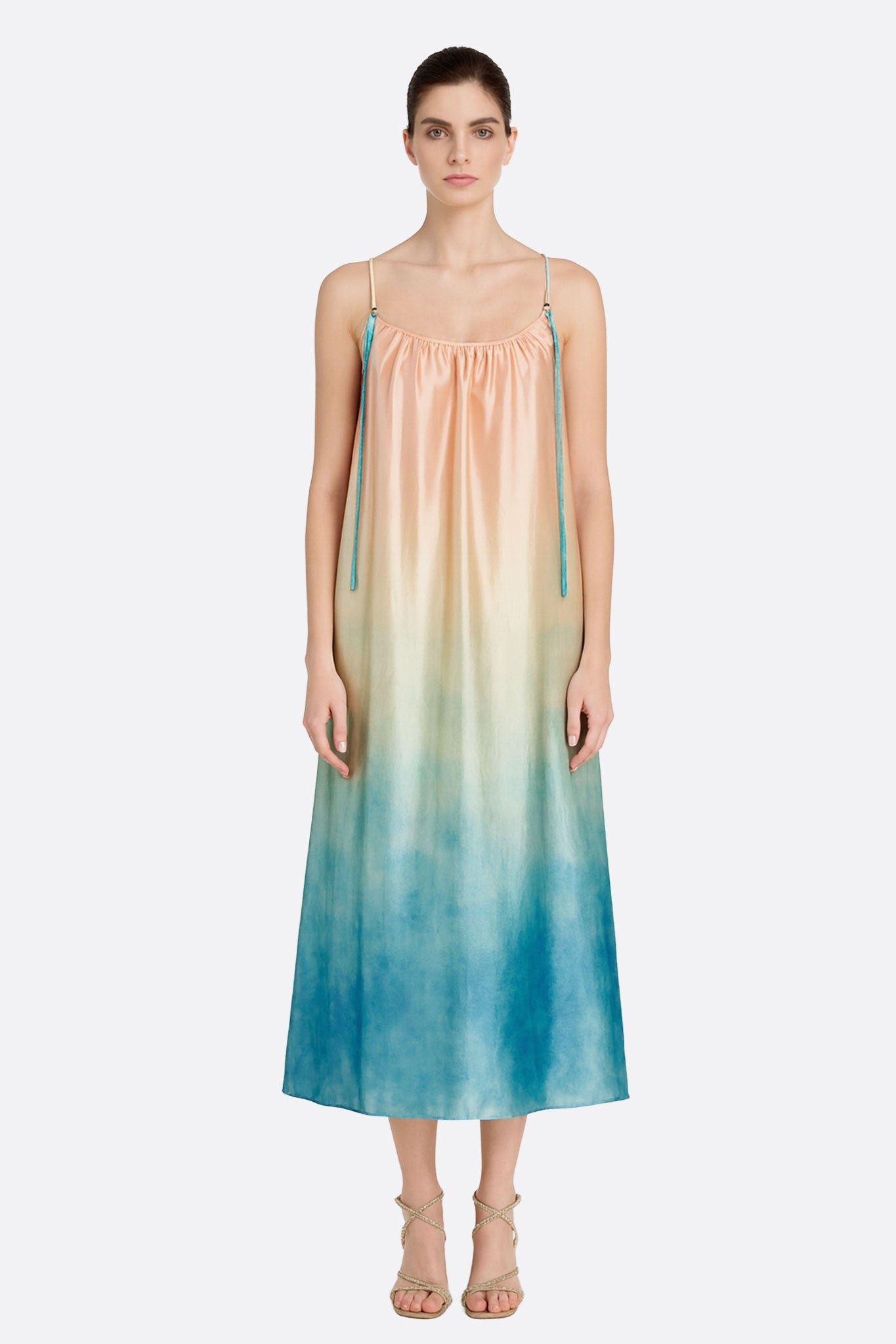 Vestido largo de satén degradado rosa y turquesa